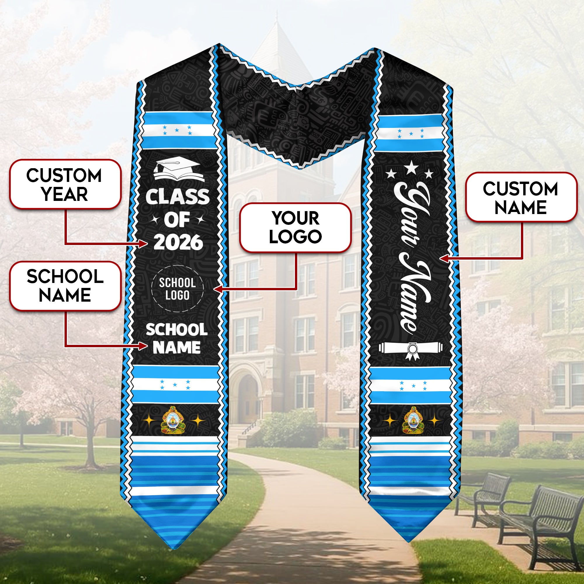 Honduras Flag Graduation Stole, 2026 Stole for Graduates, Custom Graduation Sash