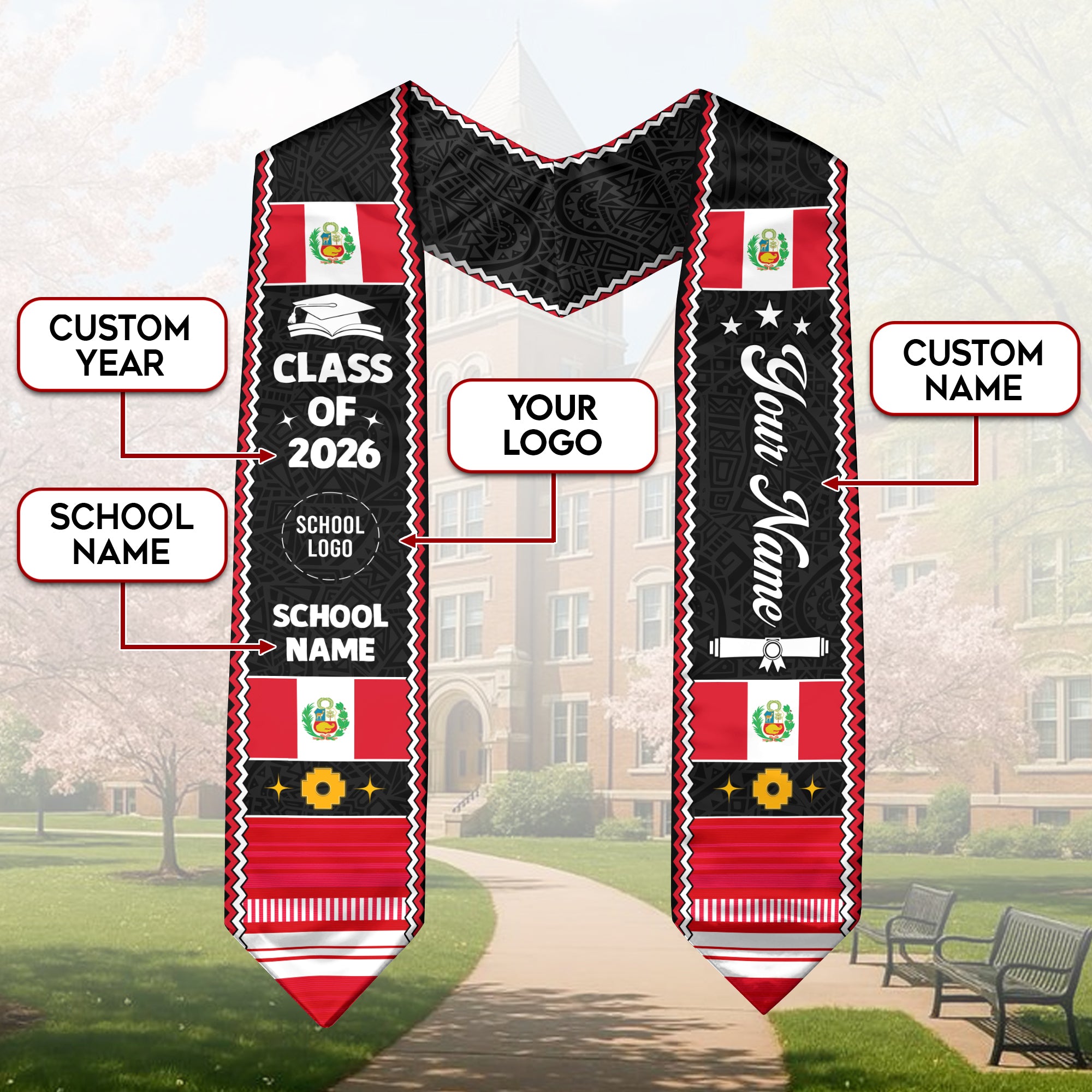 Custom Peruvian Stole for Graduation 2026, Peru Flag Stole, Peru Sash