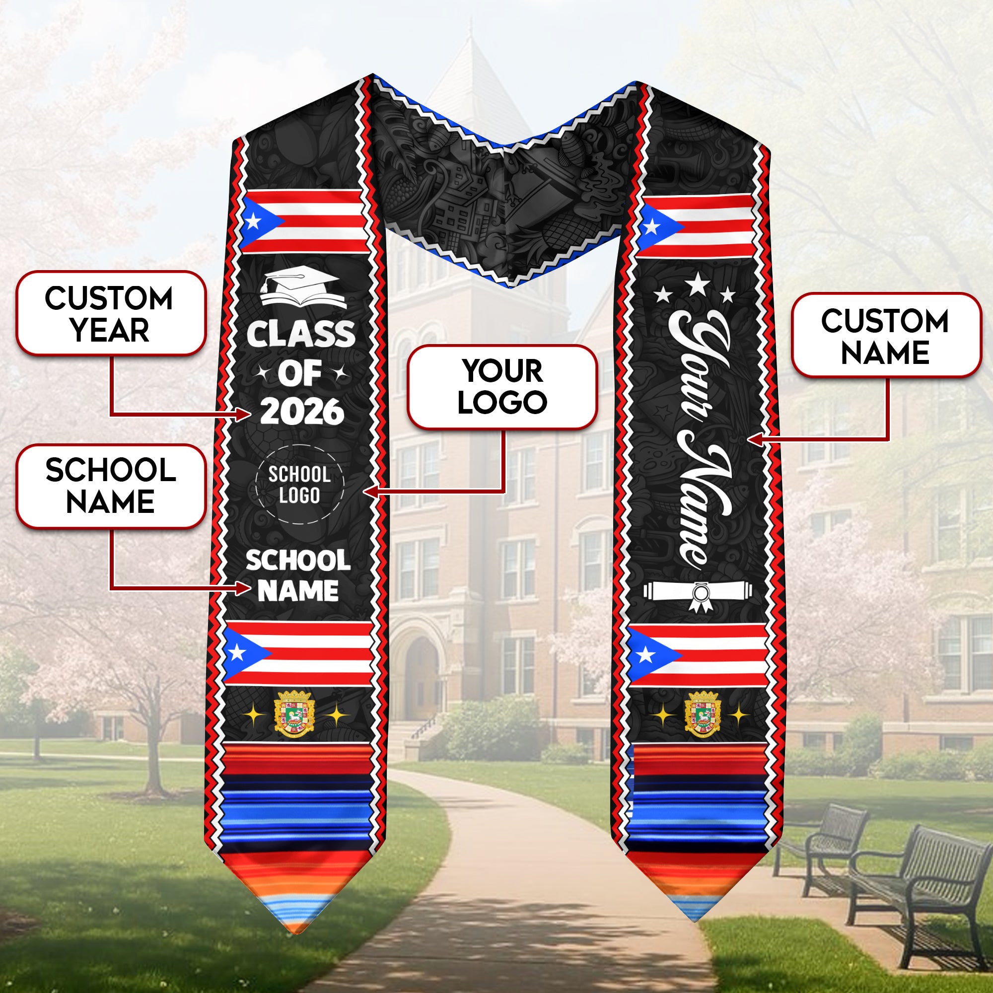 Puerto Rico Stole 2026, Puerto Rican Flag Stole, Graduation Sash for Puerto Rican Pride