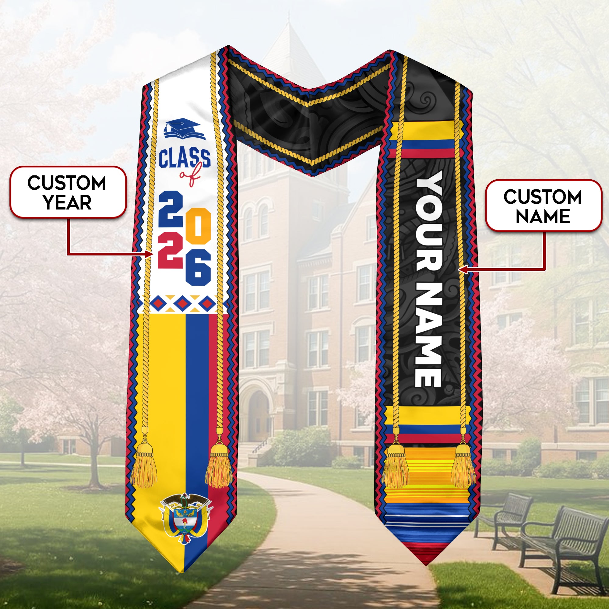 2026 Colombian Graduation Stole, Colombia Flag Stole, Custom Sash for Graduation