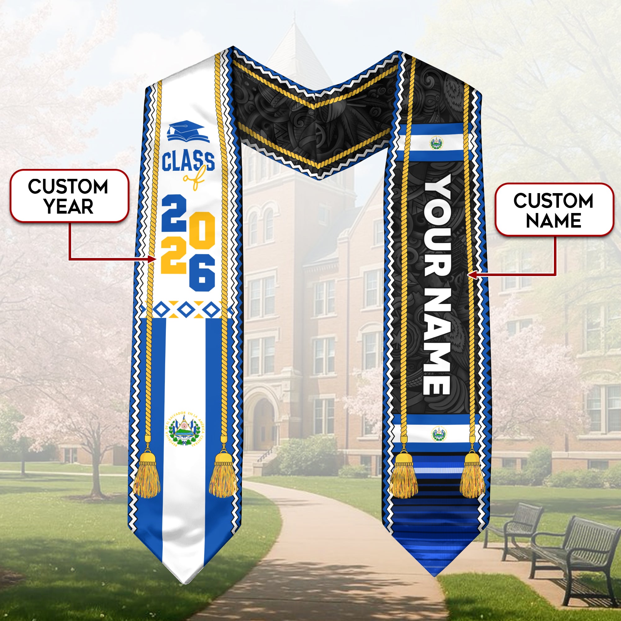 2026 El Salvador Graduation Stole, Salvadoran Flag-Inspired Graduation Accessory