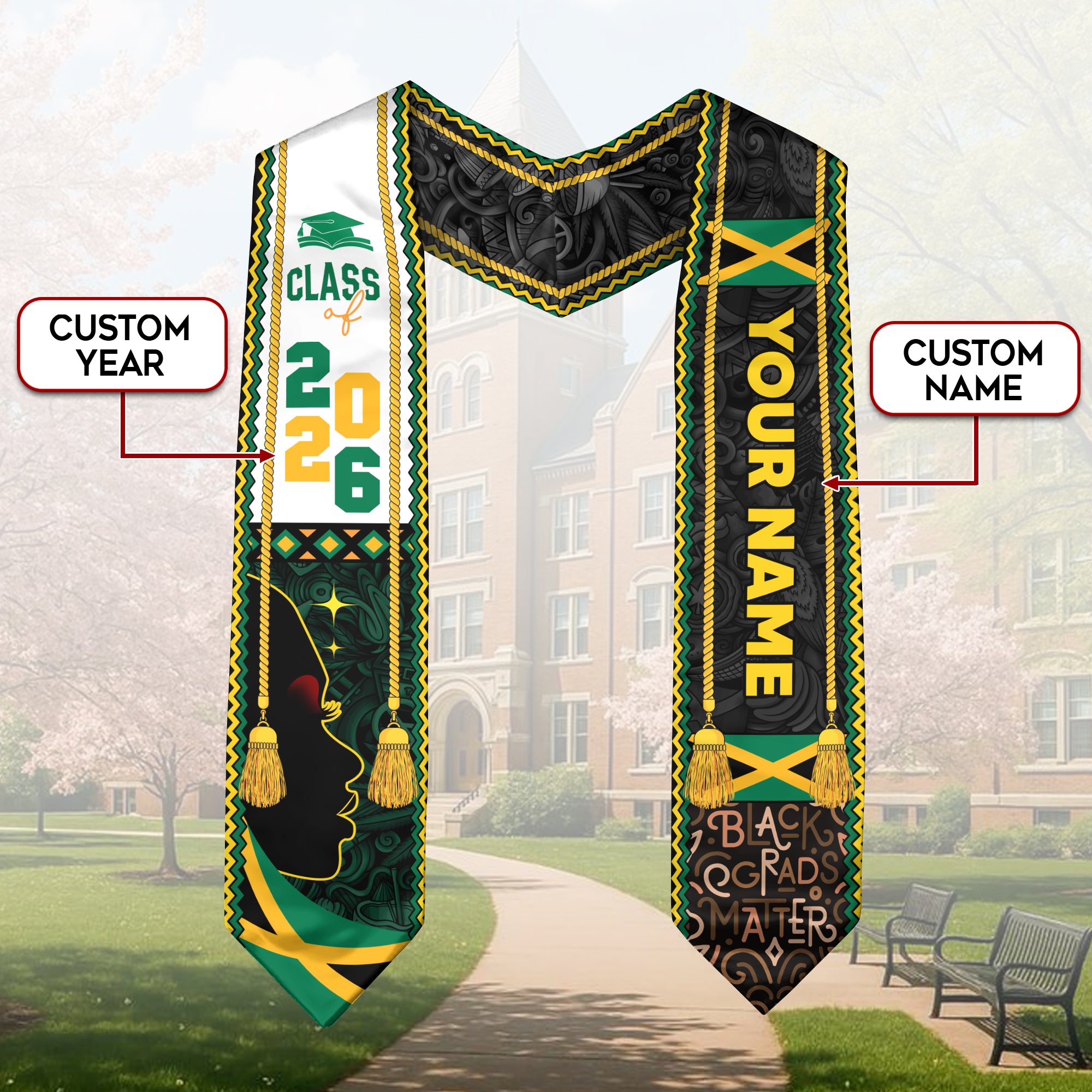 2026 Jamaican Stole, Custom Jamaican Flag Sash, Graduation Stole, Flag Inspired Stole