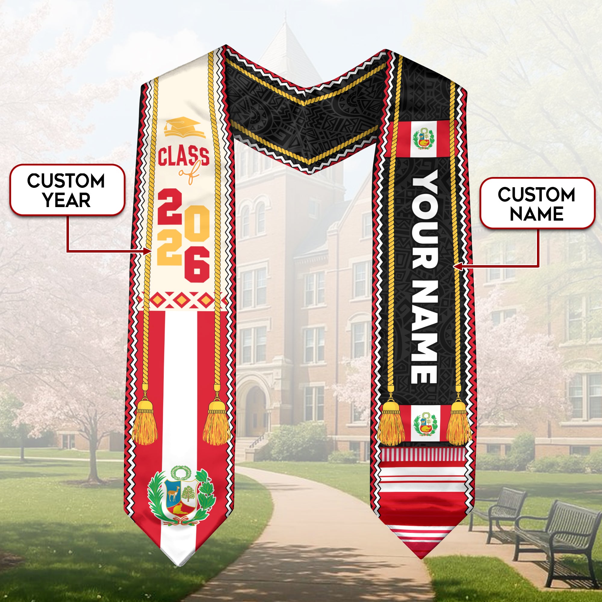 Peru Graduation Sash, Peruvian Stole 2026, Custom Peru Flag Graduation Stole