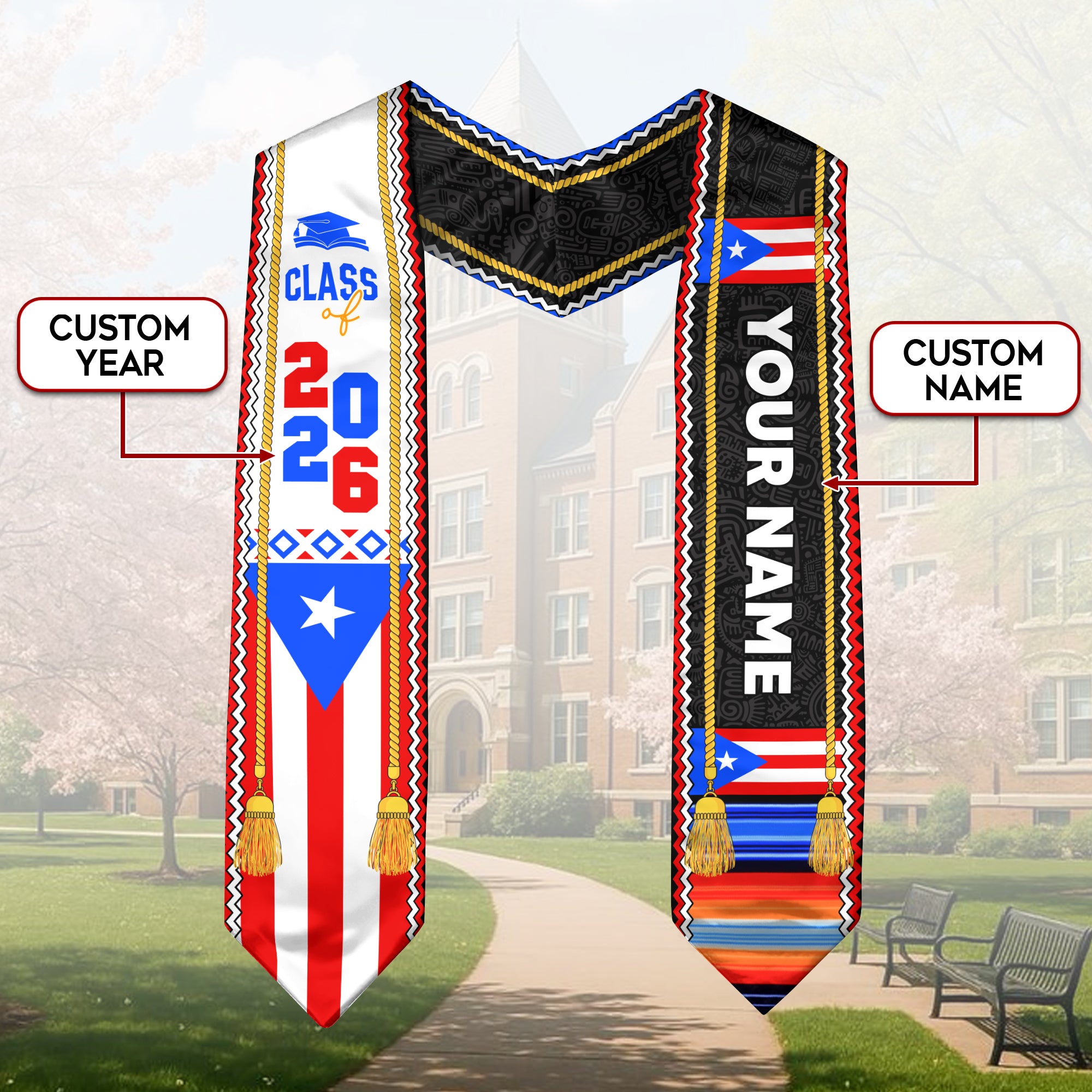 Graduation Stole 2026, Puerto Rican Flag Stole, Custom Puerto Rico Graduation Sash