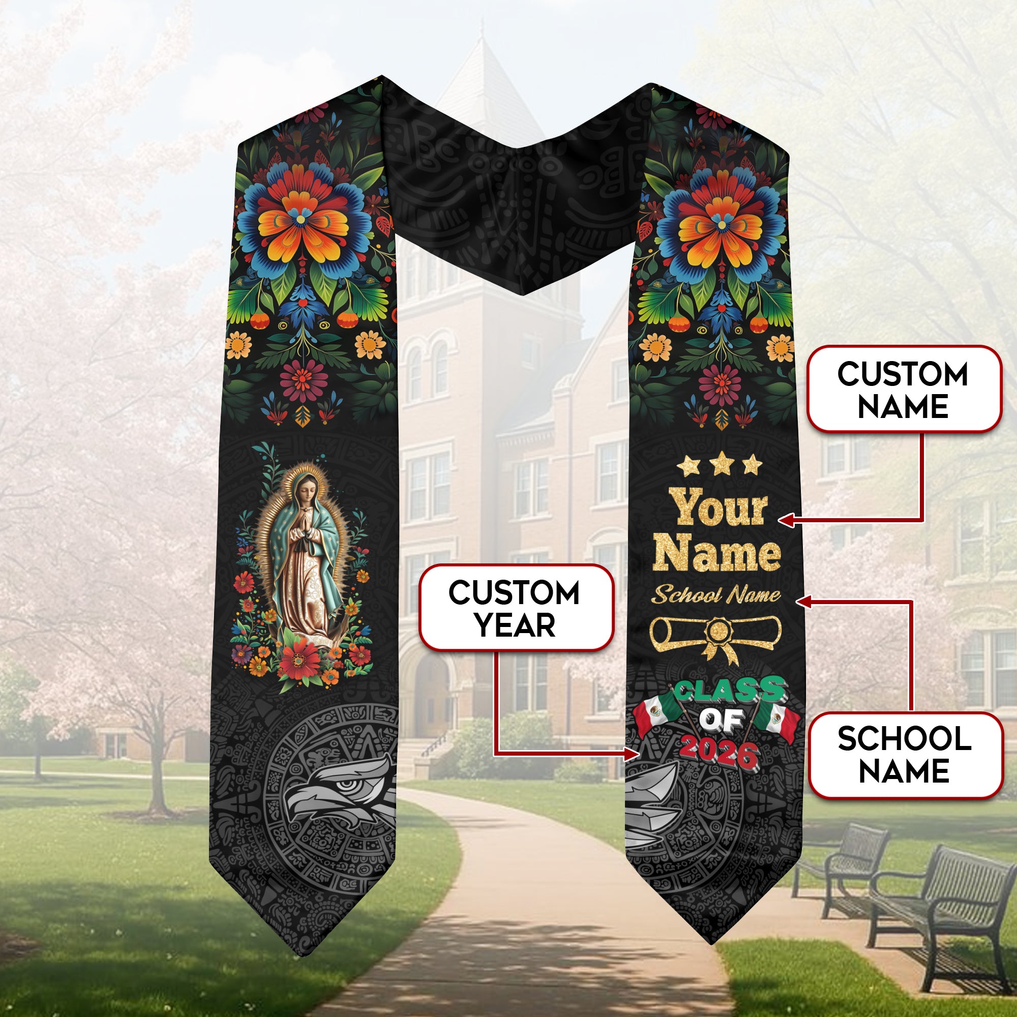 Mexico Graduation Stole 2026, Mexican Flag Sash, Class of 2026 Custom Trim for Grads