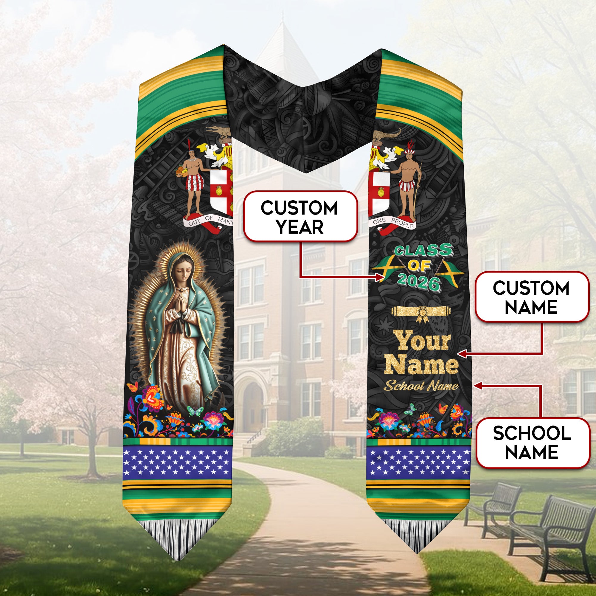 Jamaican Flag Graduation Sash 2026, Jamaica Grad Stole, Jamaican Stole Custom Detail
