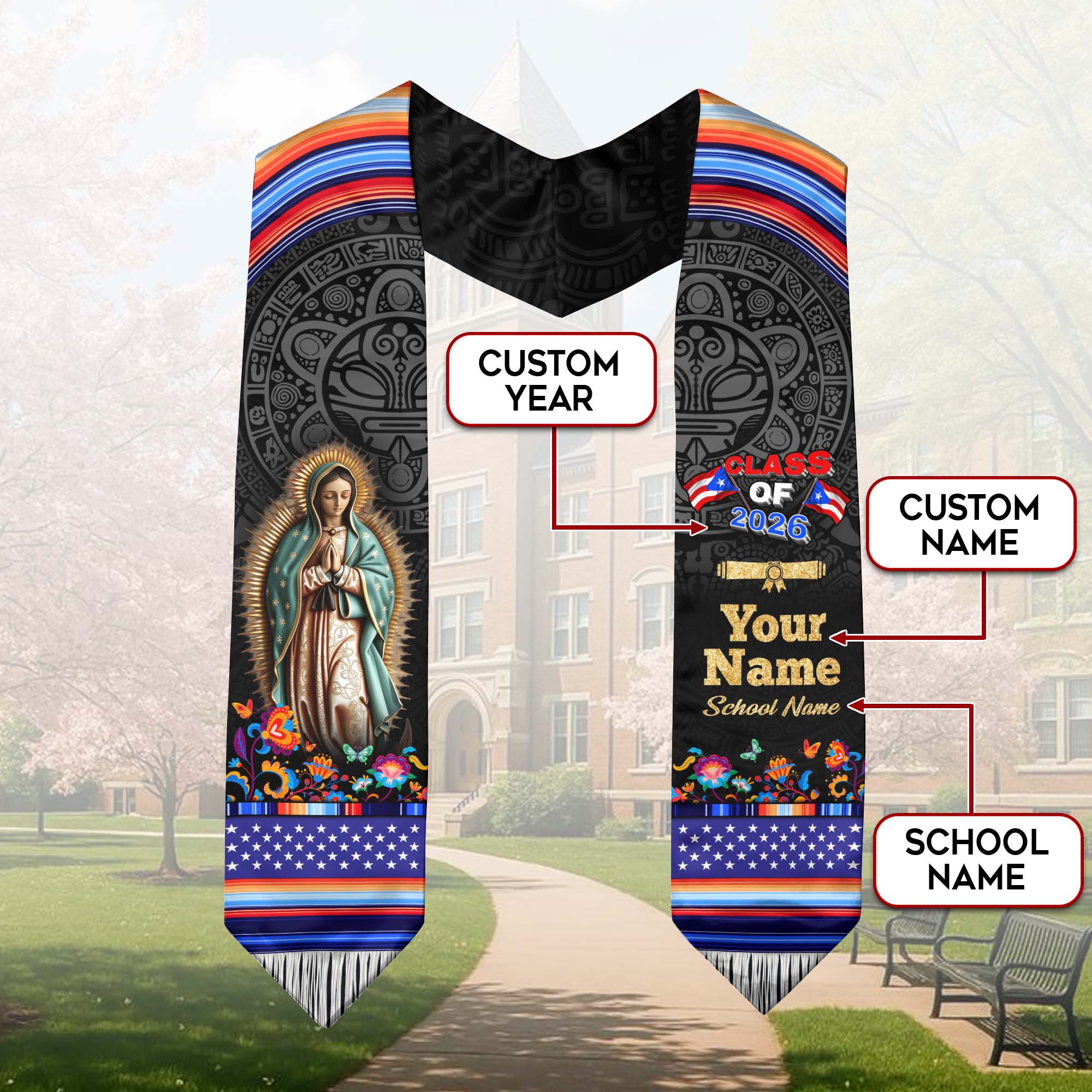 Puerto Rican Flag Graduation Sash 2026, Puerto Rico Grad Stole, PR Custom Detail