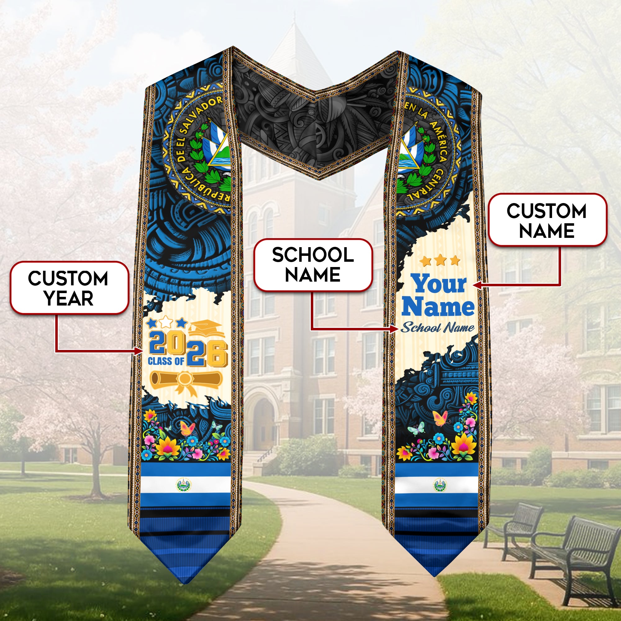 2026 El Salvador Stole, Graduation Sash for El Salvador Pride, Flag-Inspired Sash
