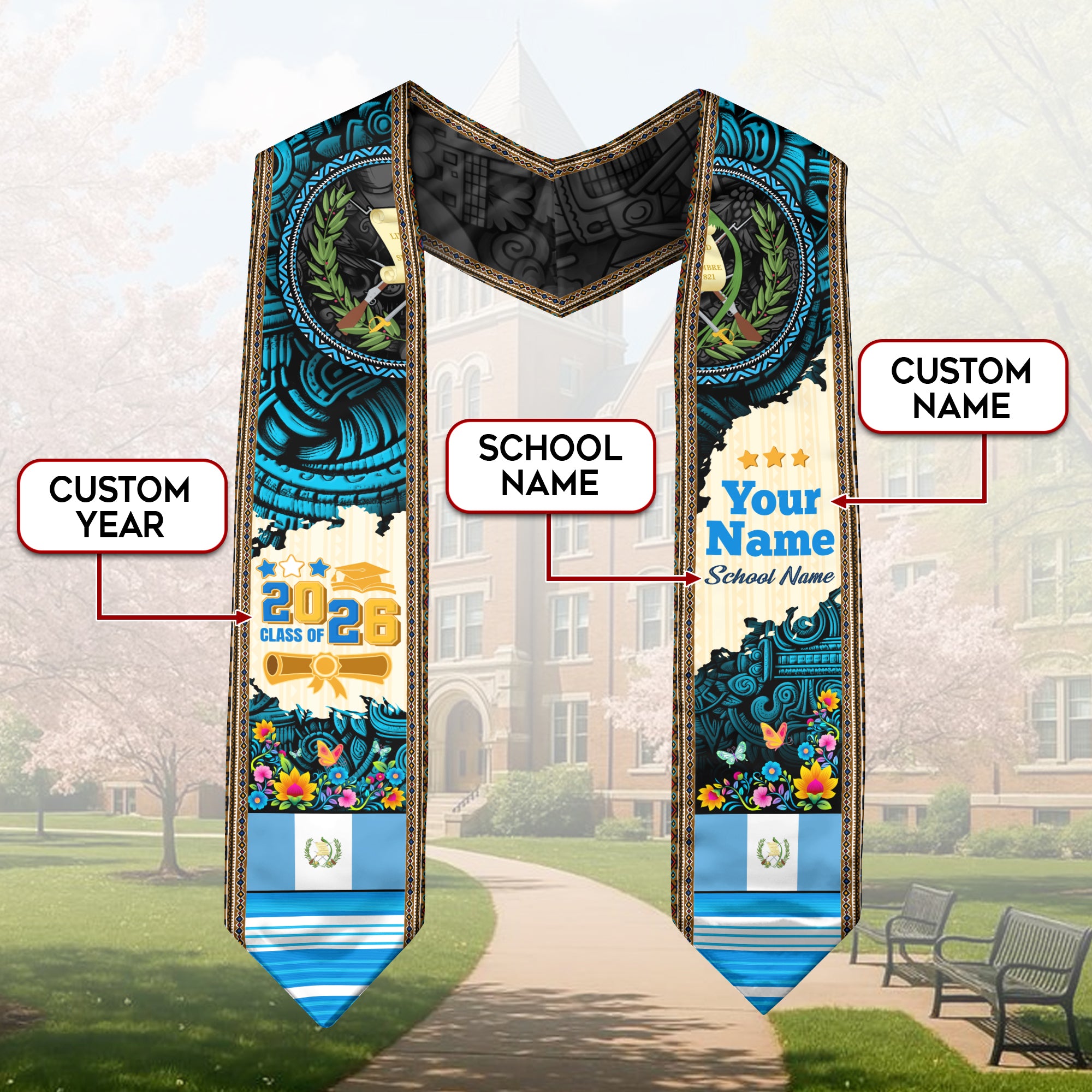 Customized Guatemalan Flag Graduation Sash 2026, Guatemala Graduation Stole, Heritage Academic Style