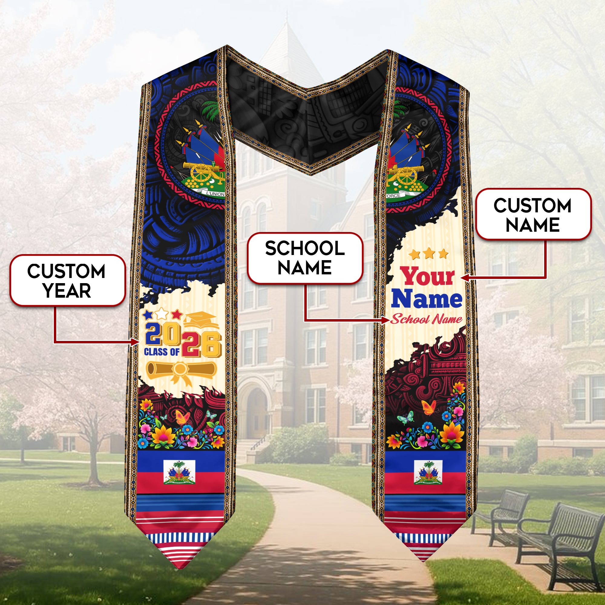 2026 Haitian Graduation Sash, Haitian Flag Sash, Custom Haiti Graduation Stole, Stole Haiti