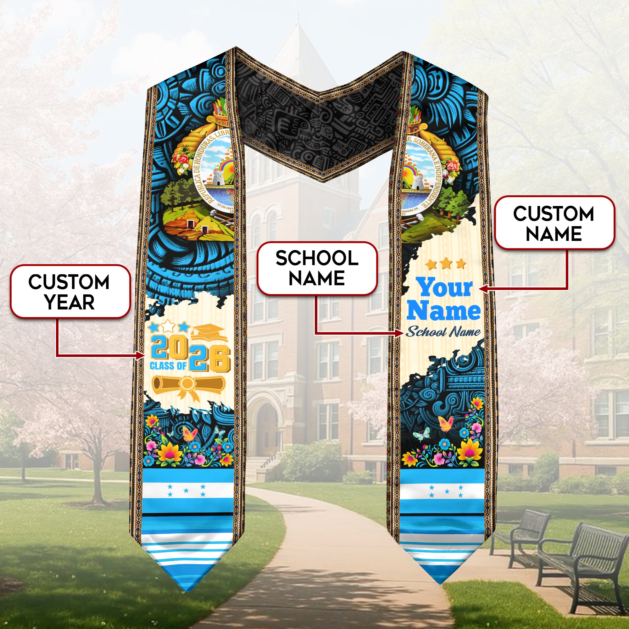 2026 Custom Honduras Stole, Honduras Flag Graduation Sash, Personalized Graduation Stole