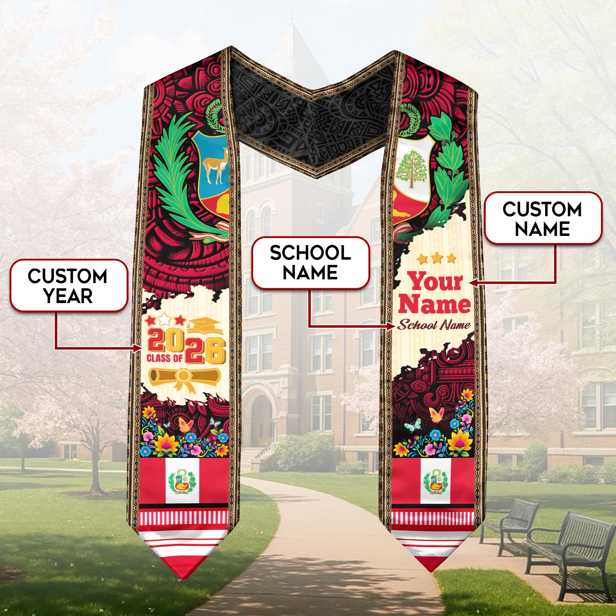 2026 Peru Graduation Stole, Peruvian Stole, Peruvian Flag Graduation Sash