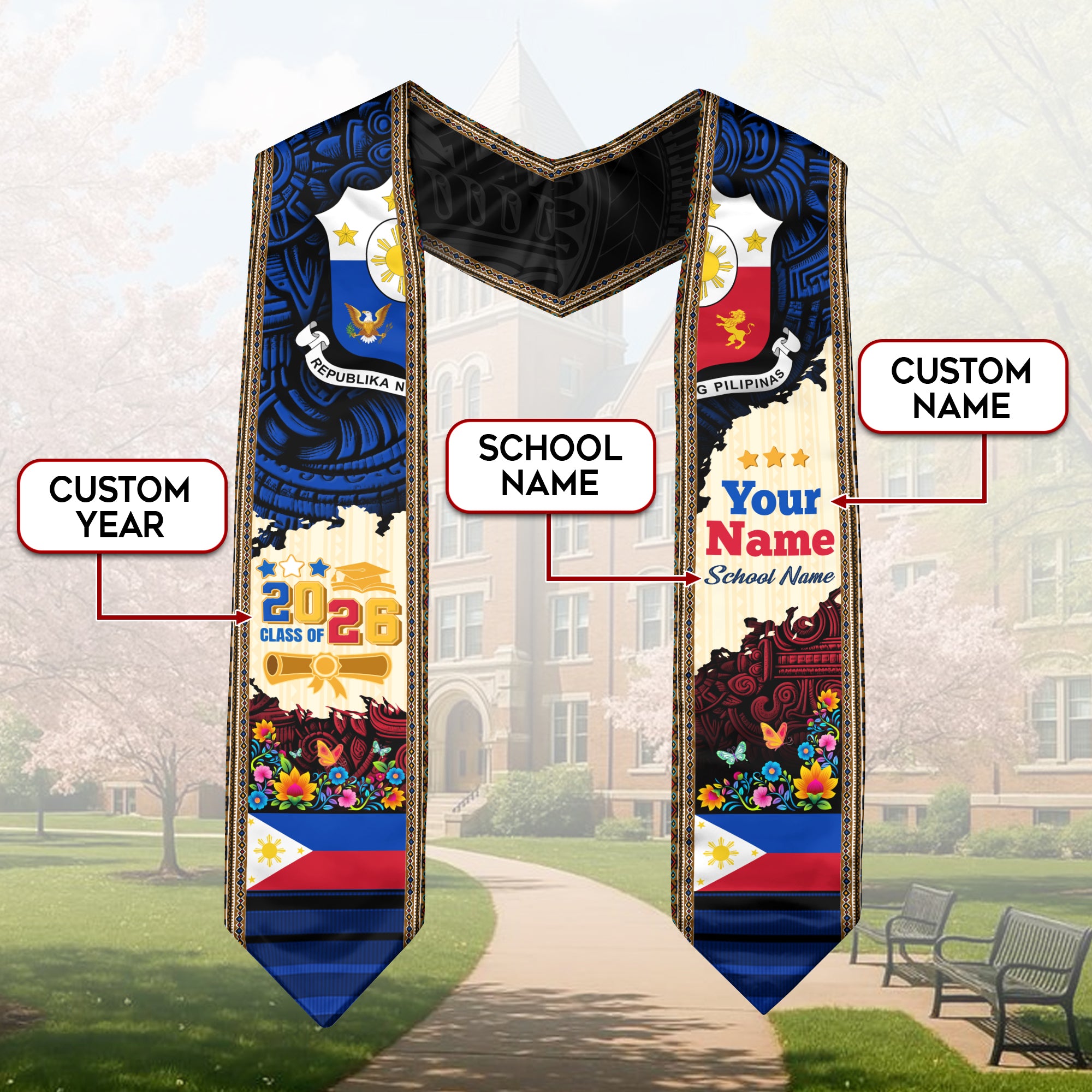 Philippines Graduation Sash 2026, Custom Stole, Philippine Flag Stole, Graduate Gift