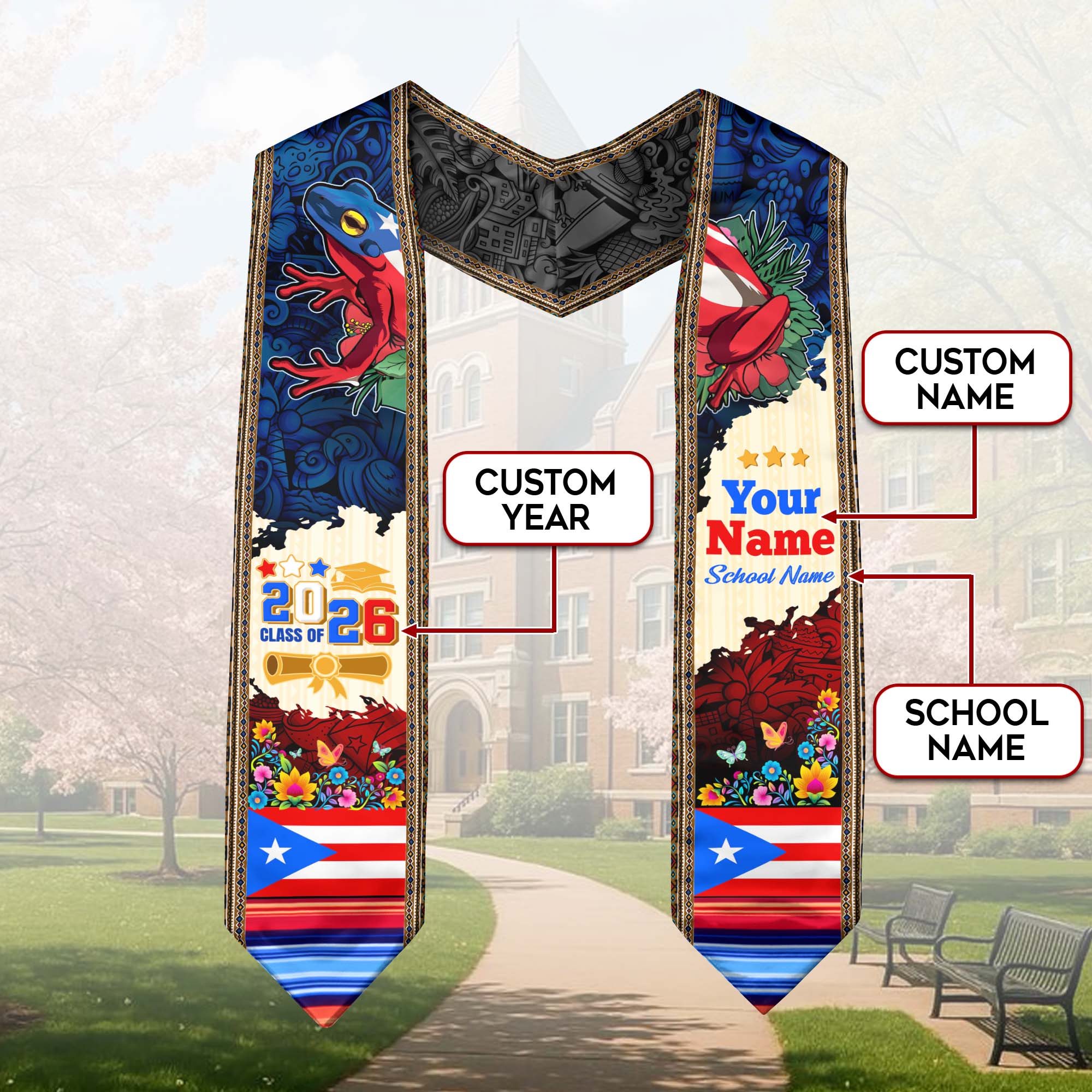 Puerto Rico Flag Graduation Stole 2026, Puerto Rican Graduation Sash, Custom Finish