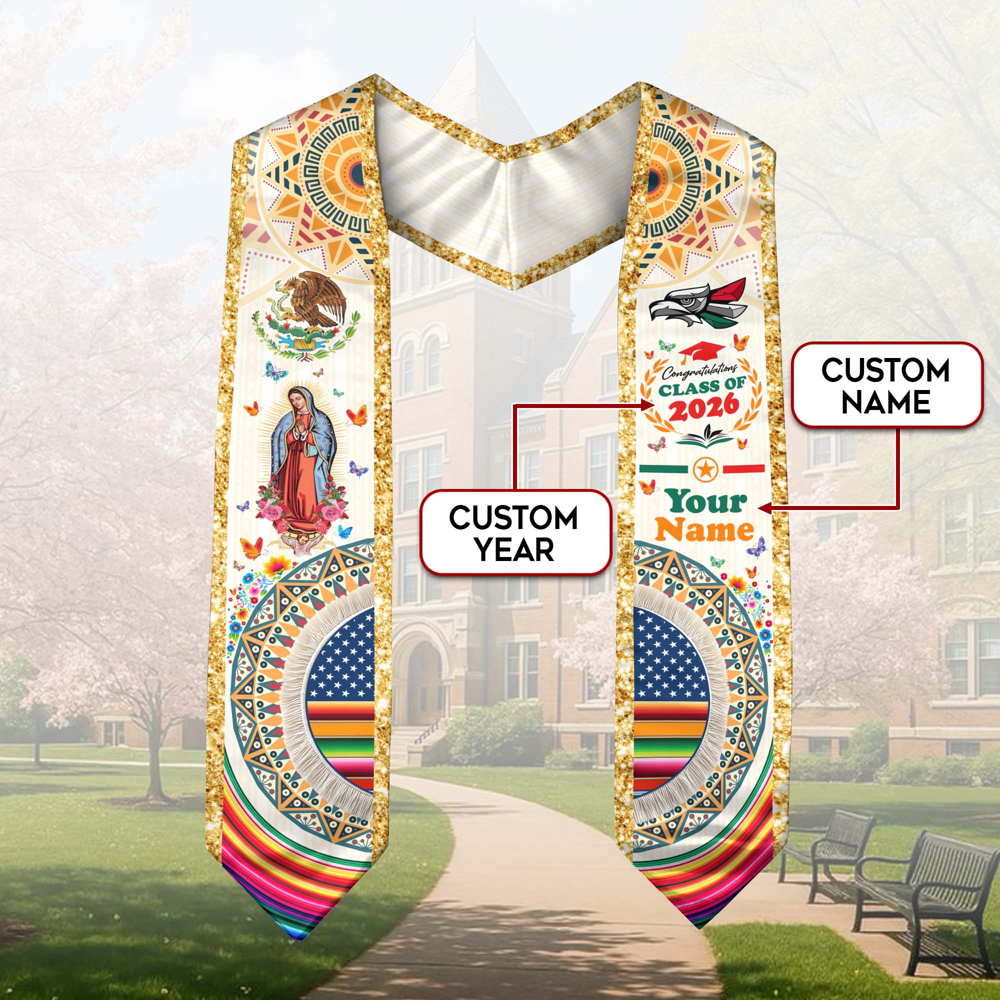 Mexican Graduation Sash 2026, Mexico Flag Stole, Graduation Sash with Custom Finish