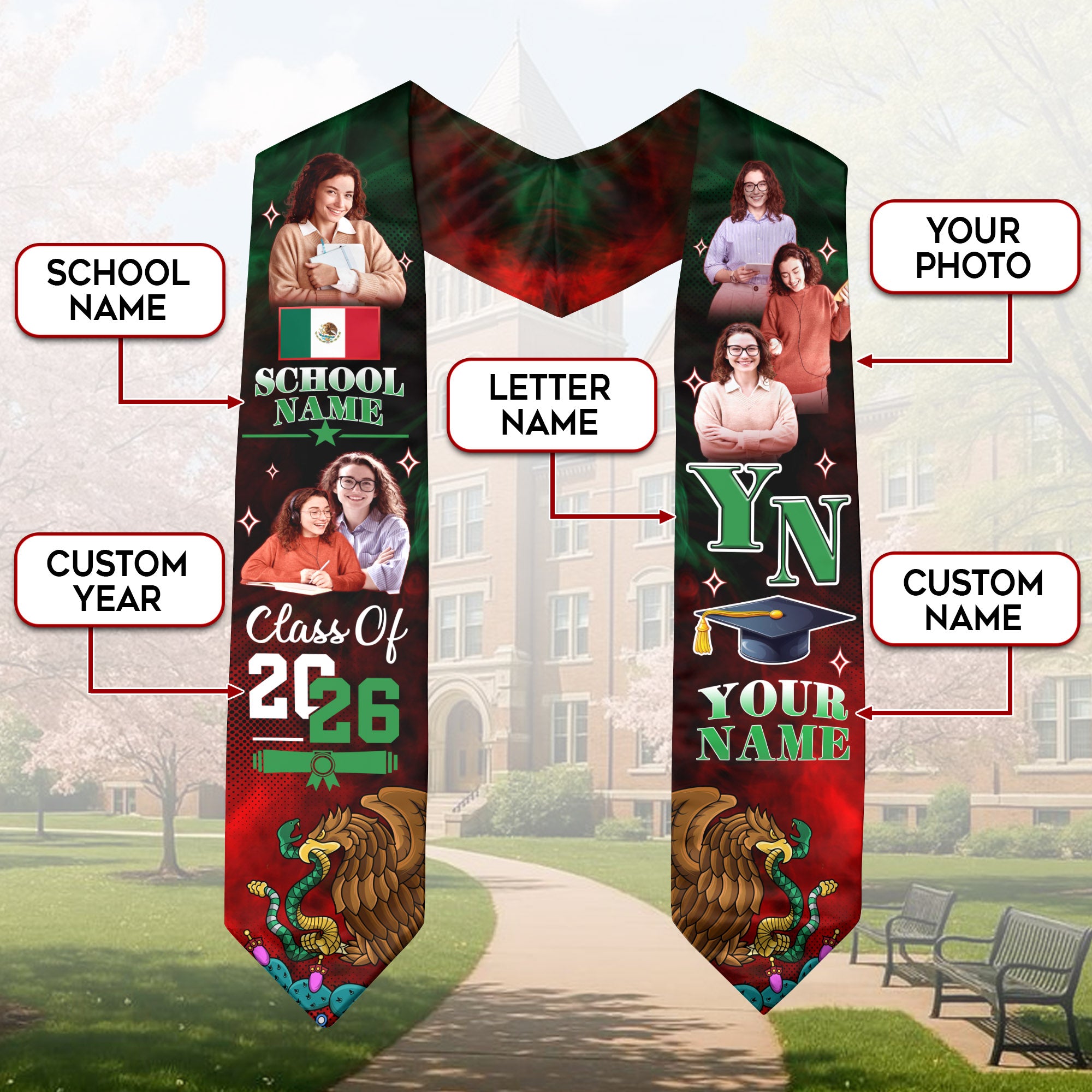 Mexico Graduation Stole 2026, Mexican Flag Sash, Personalized Detail for Graduation