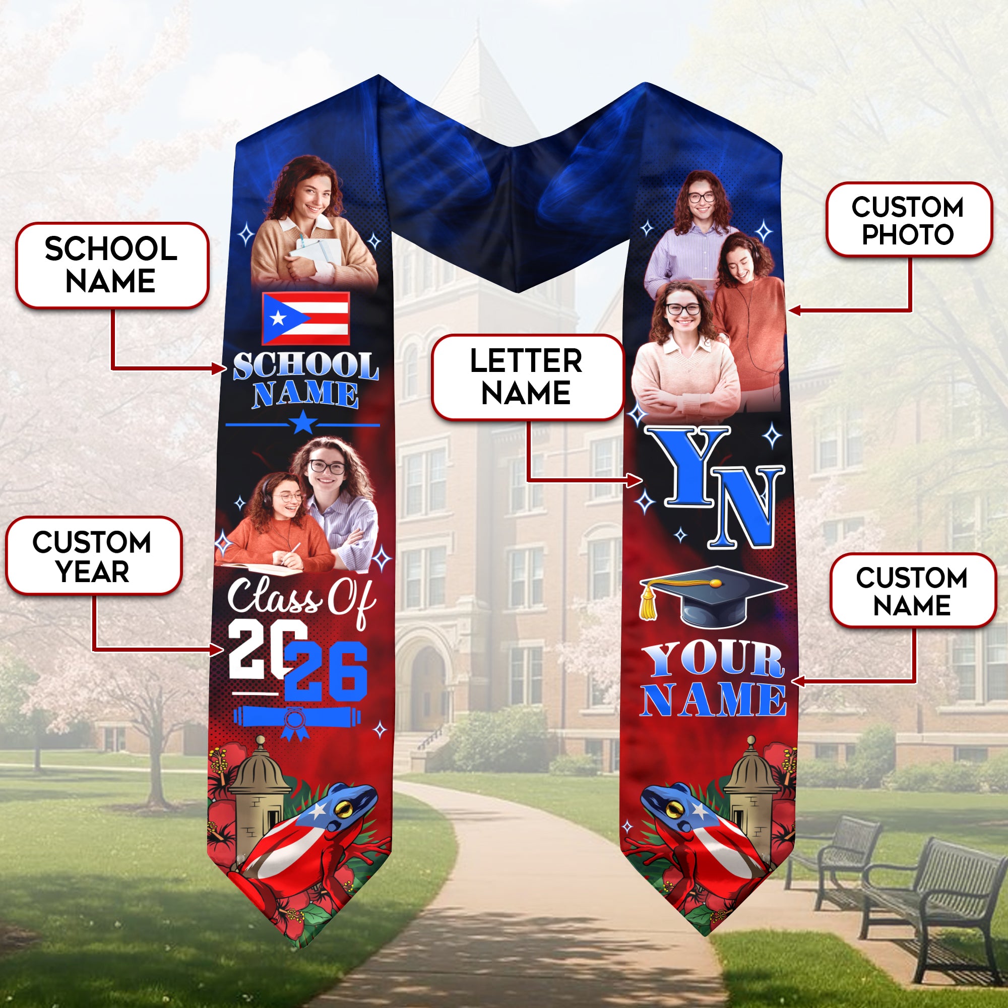 Puerto Rico Graduation Stole 2026, Puerto Rican Flag Sash, Add Your Name Detail, Grads