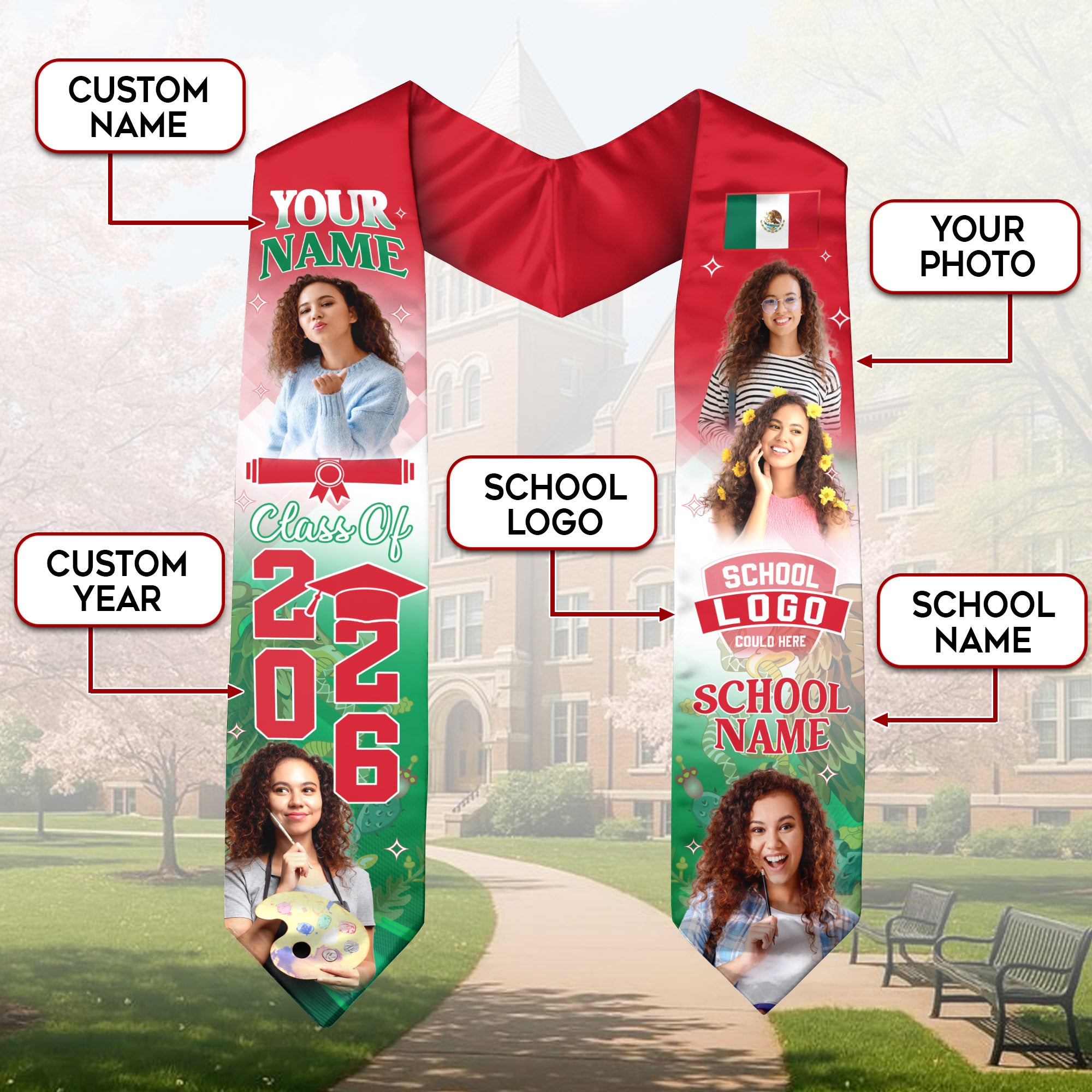 2026 Mexican Flag Graduation Sash, Mexico Stole for Grads, Tailored Finish Detail