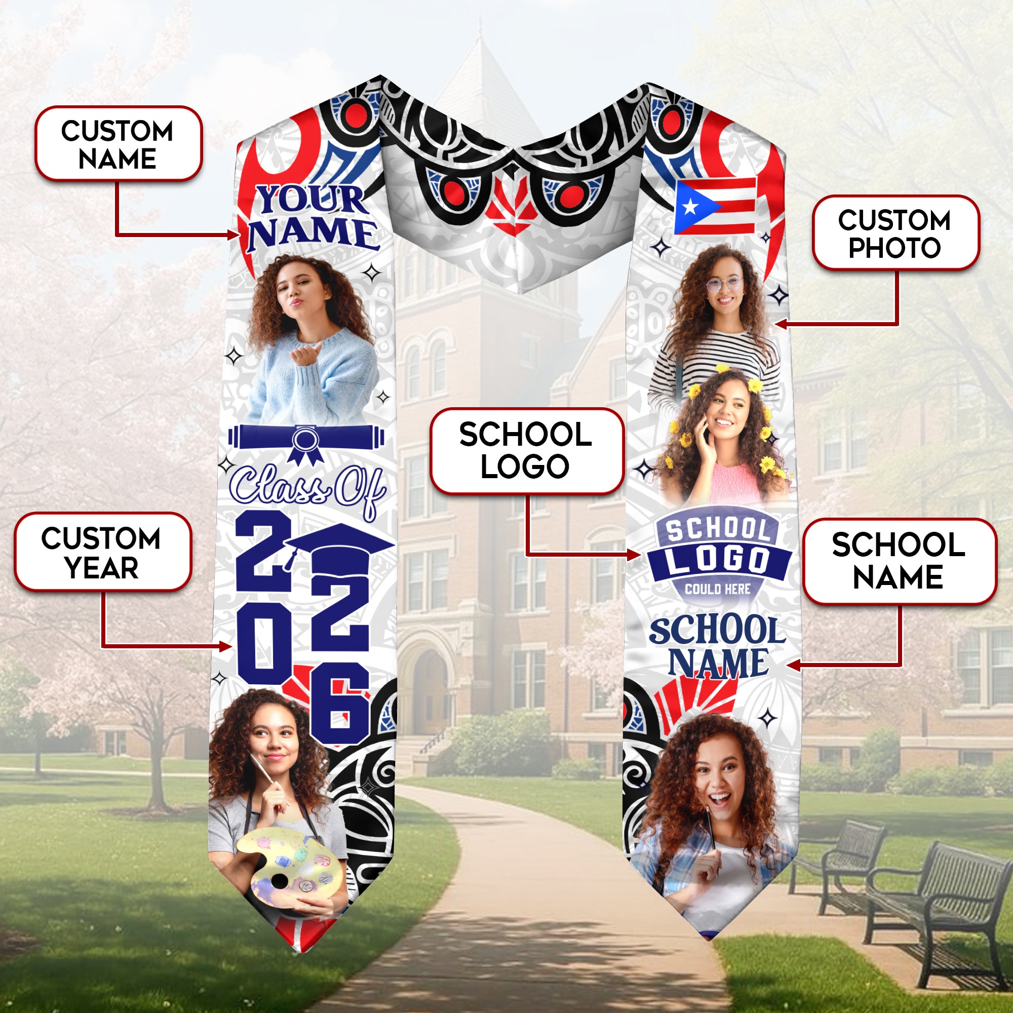 2026 Puerto Rican Flag Graduation Sash, Puerto Rico Stole, Personalized Stitching