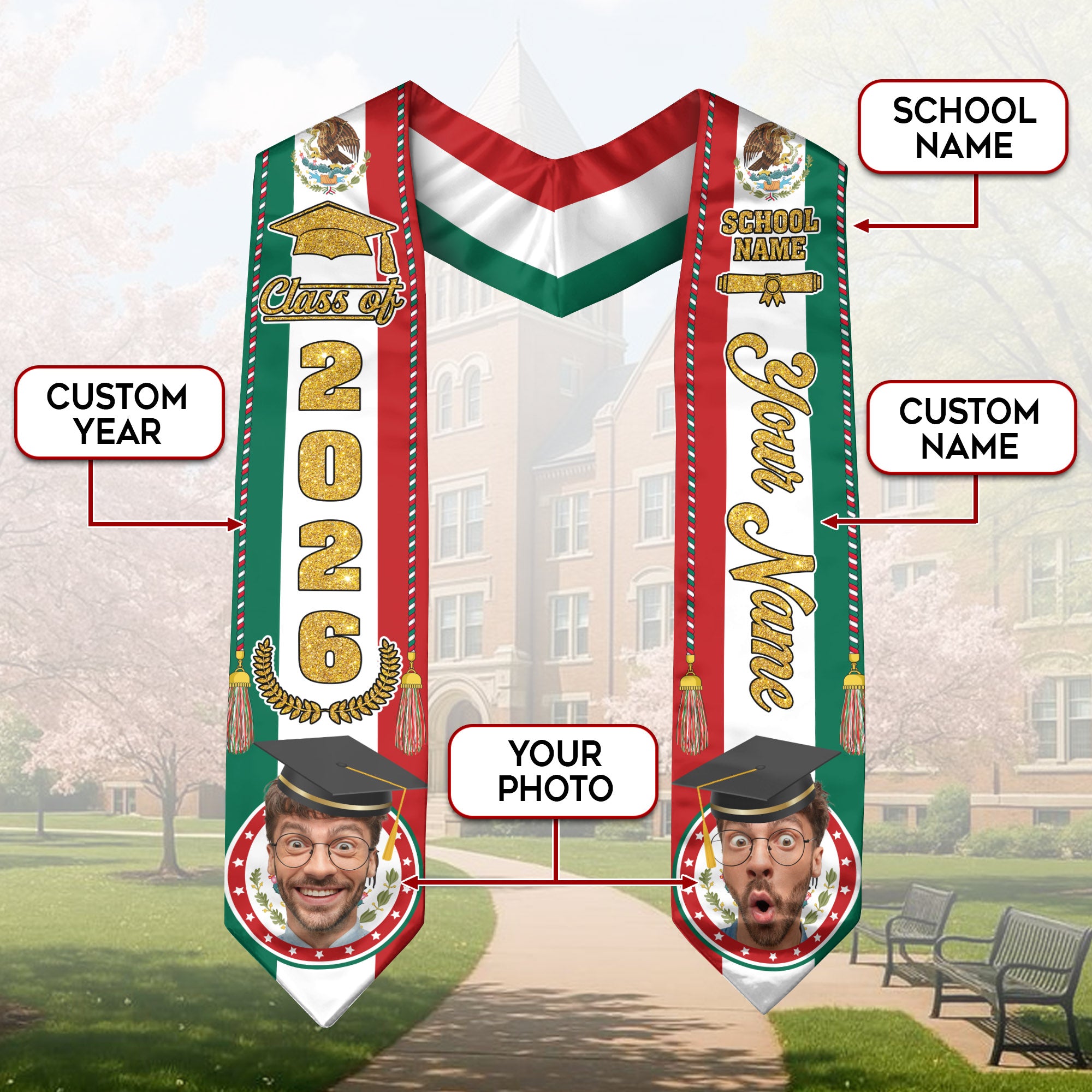 Mexican Graduation Sash 2026, Mexico Flag Stole, Signature Personalized Touch