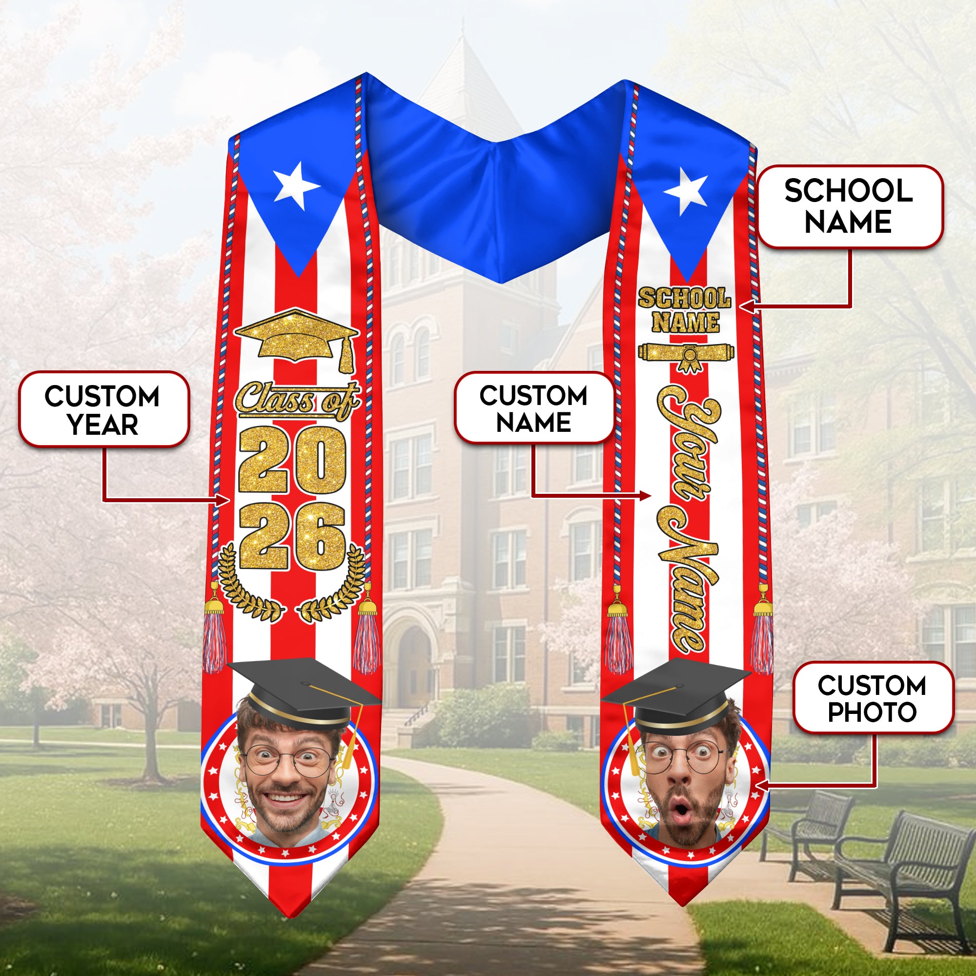 Puerto Rican Graduation Sash 2026, Puerto Rico Flag Stole, Name & Year Option for Grads