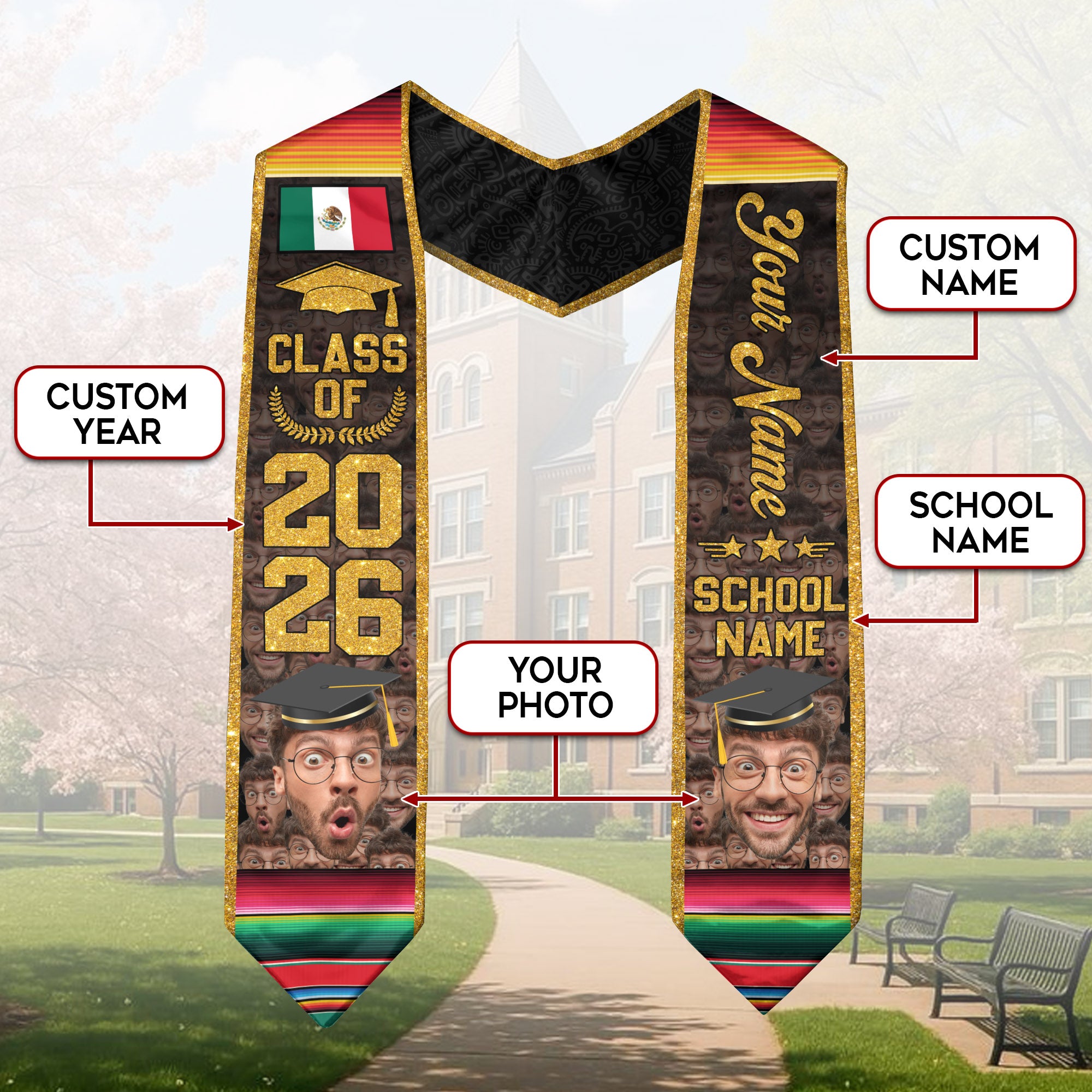 Mexico Flag Graduation Stole 2026, Mexican Sash for Graduates, Name Detail Option