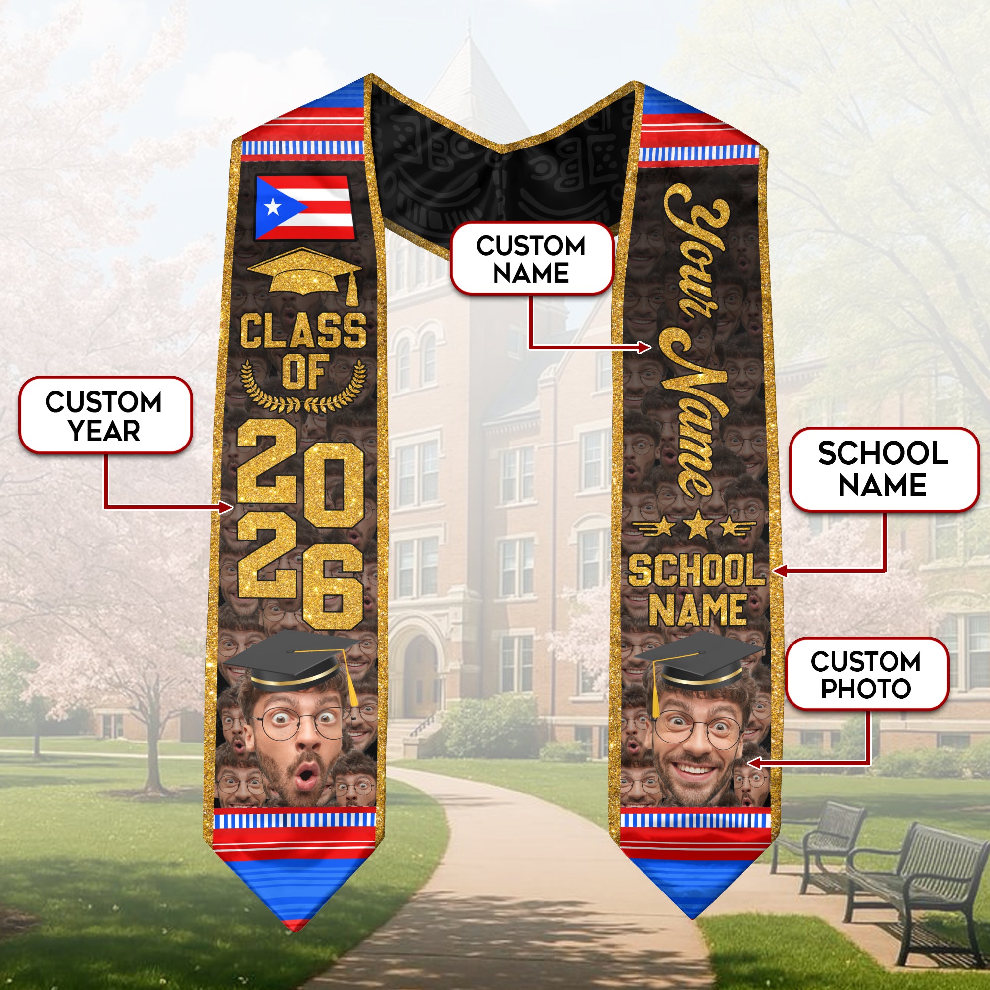 Puerto Rico Flag Graduation Stole 2026, Puerto Rican Sash, Personalized Finish for Grads