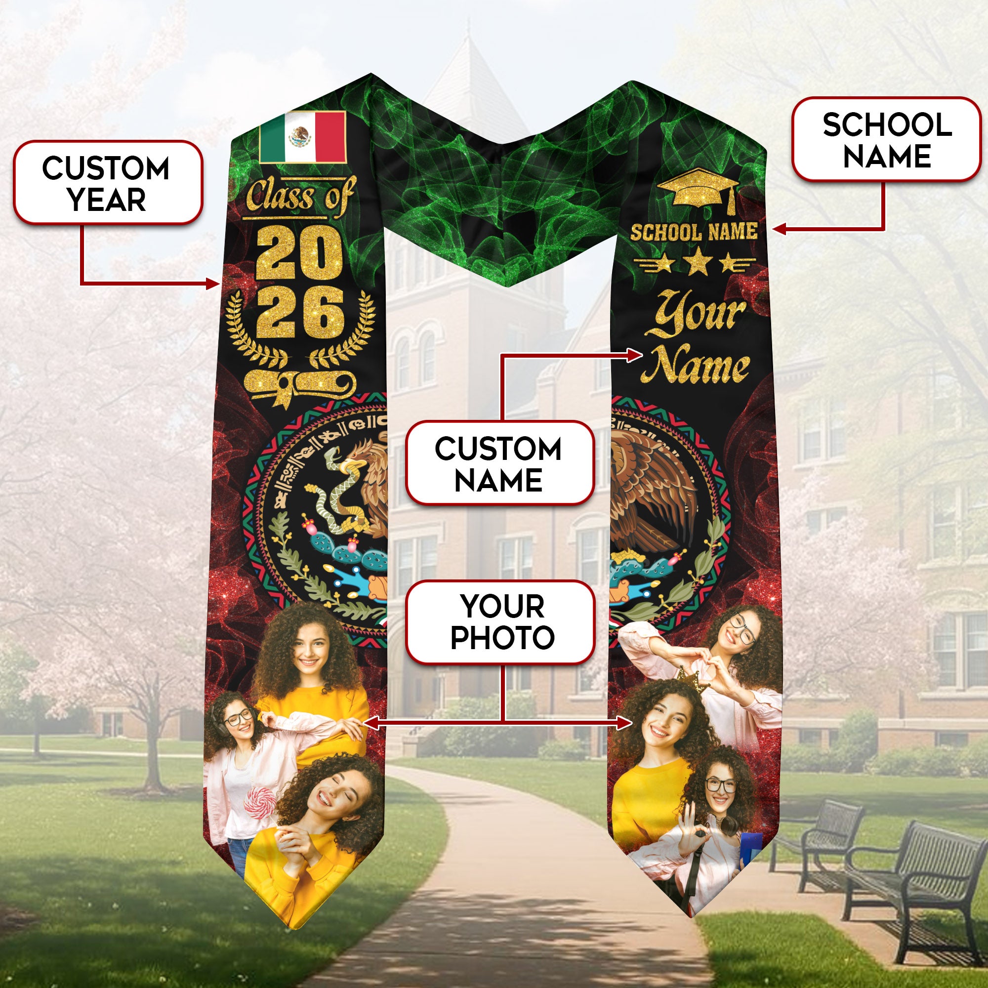 2026 Mexico Stole, Mexican Flag Graduation Sash, Crafted With Your Details