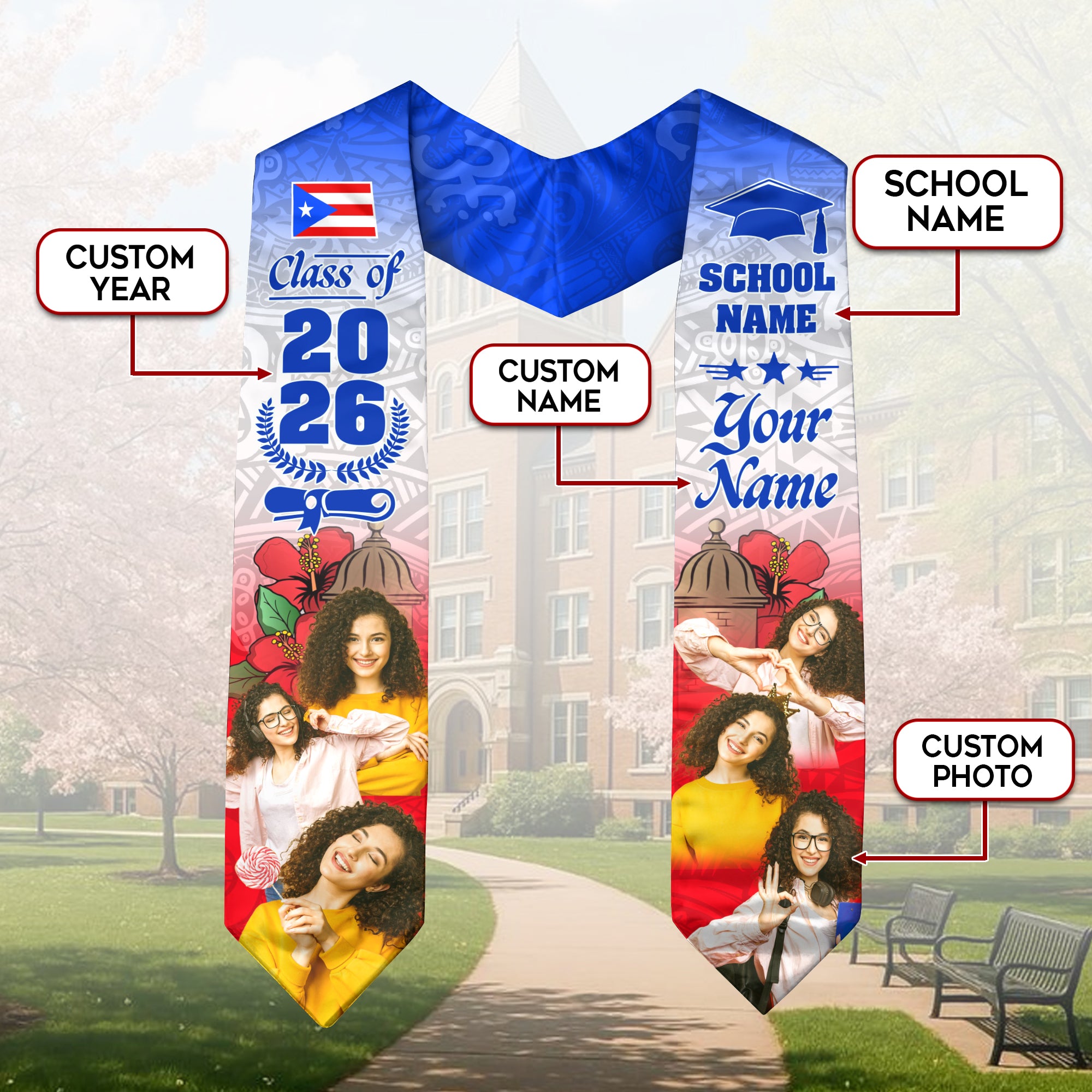2026 Puerto Rico Graduation Stole, Puerto Rican Flag Sash, Made With Your Details