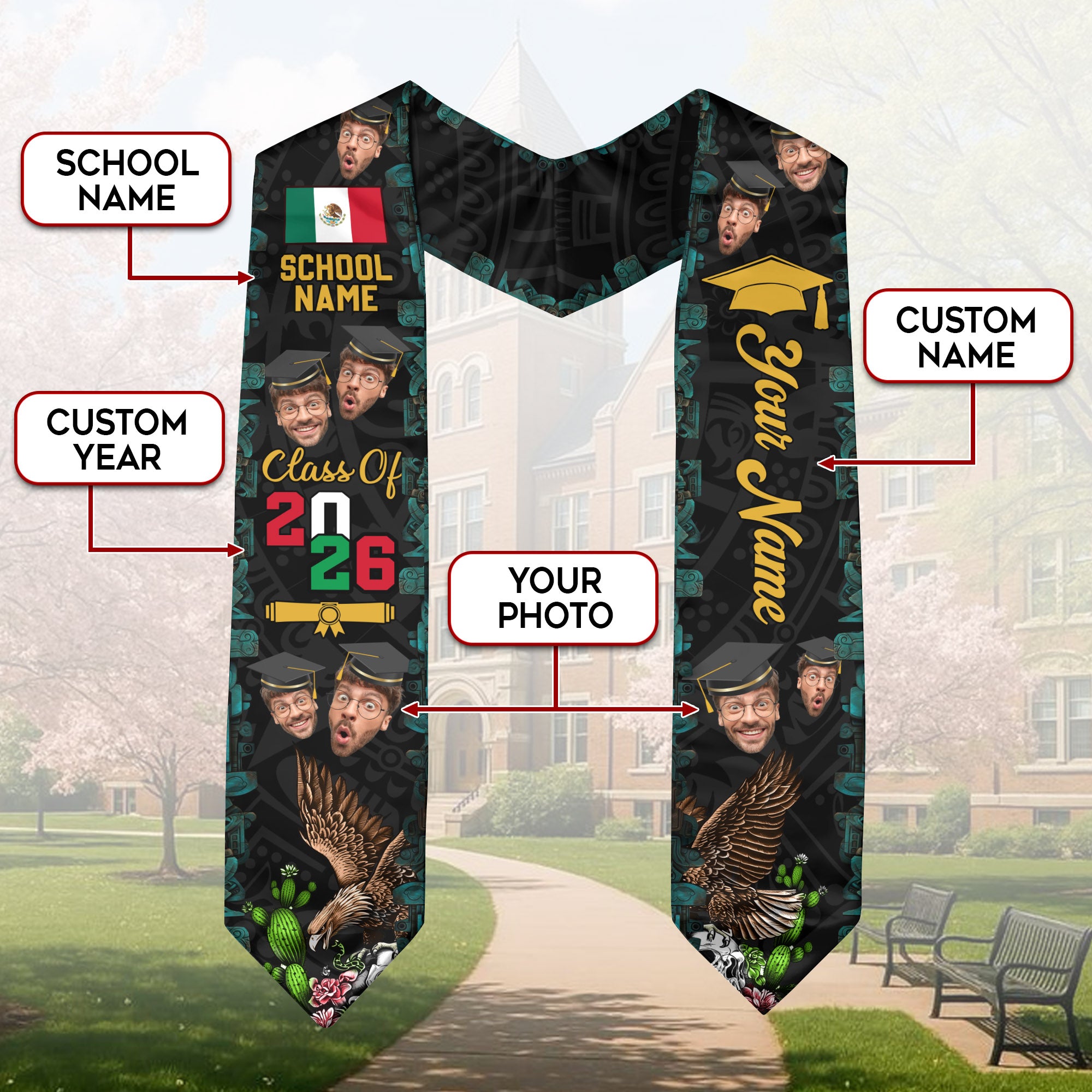 Mexican Flag Sash 2026, Mexico Graduation Stole, Customizable Detail Style