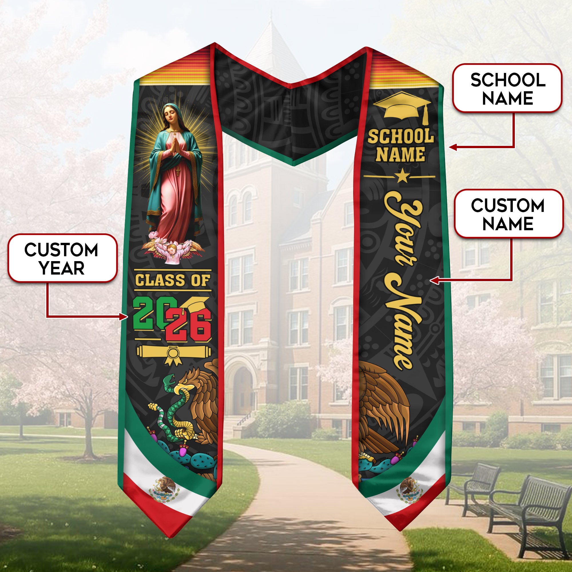 2026 Mexican Graduation Stole, Mexico Flag Sash, Personalized Accent for Grads