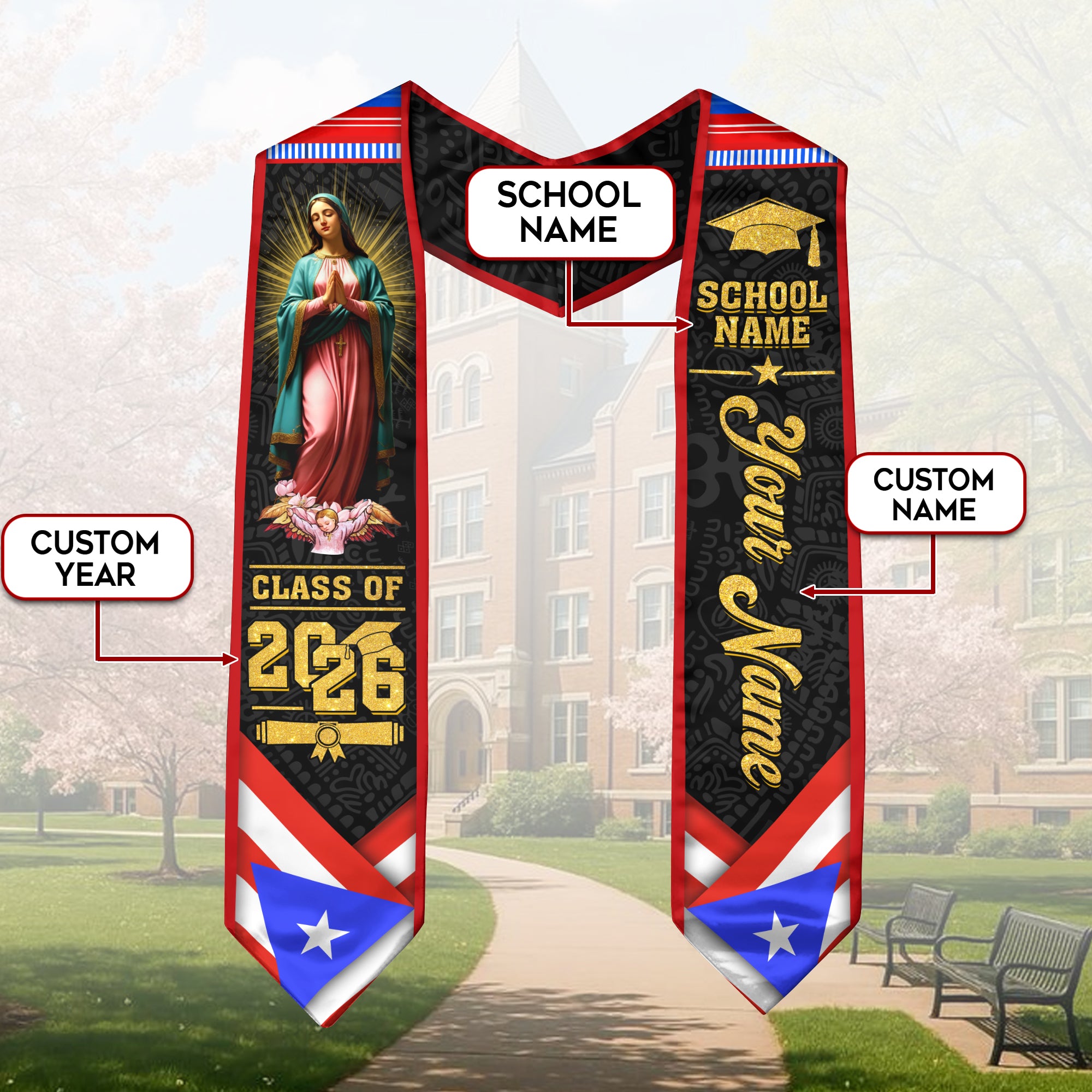2026 Puerto Rico Stole for Graduation, Puerto Rican Flag Sash, Personal Detail for Grads