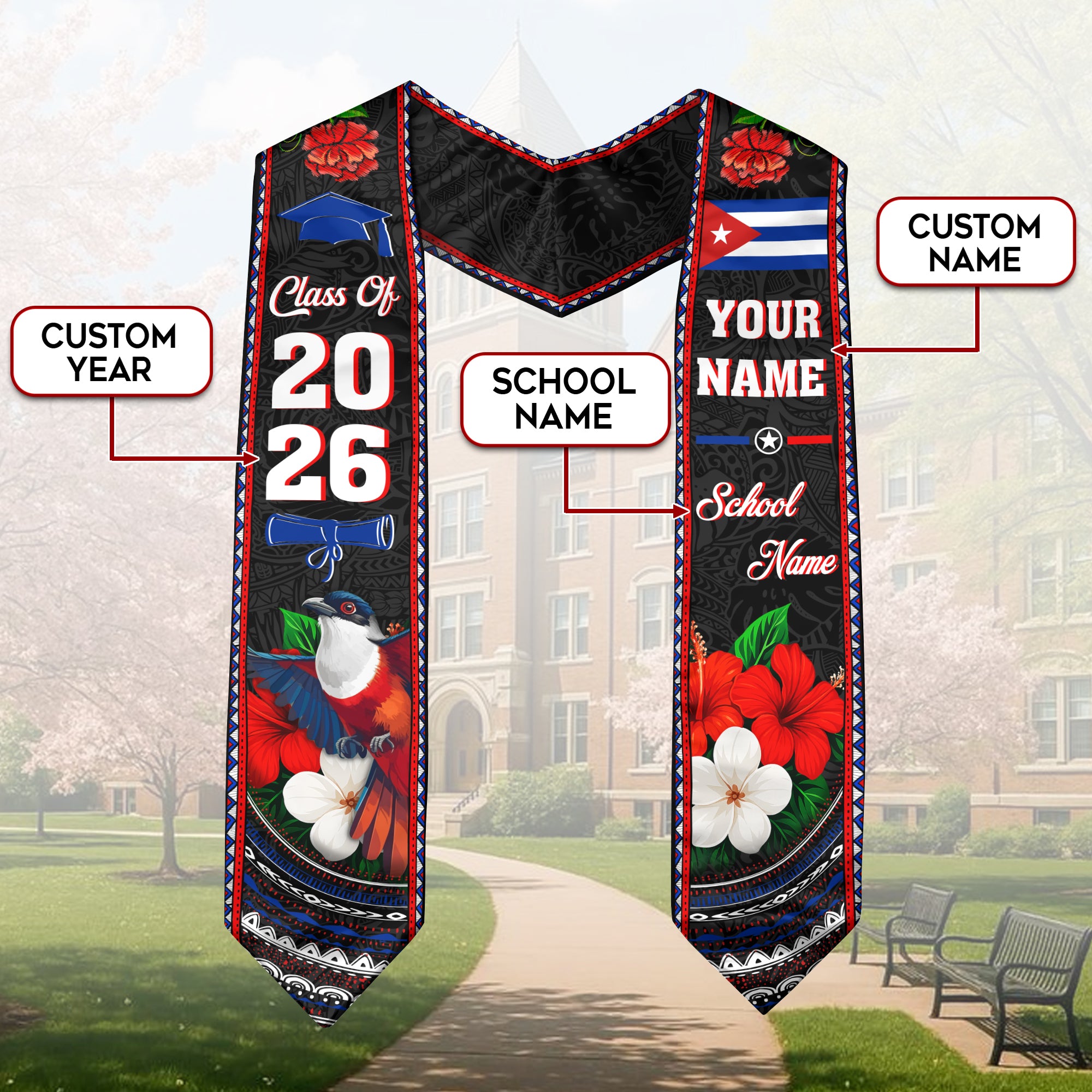 Cuba Graduation Stole 2026, Cuban Flag Graduation Sash, Custom Stole for Graduates
