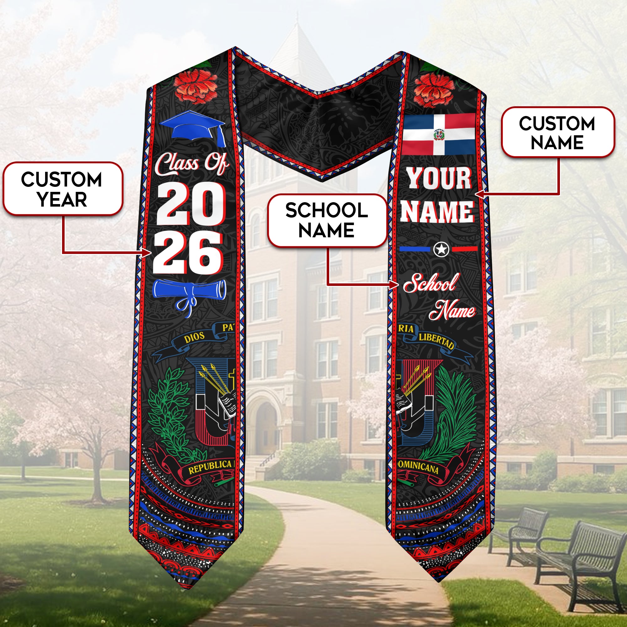 2026 Dominican Republic Graduation Sash, Dominican Flag Stole, Custom Graduation Stole