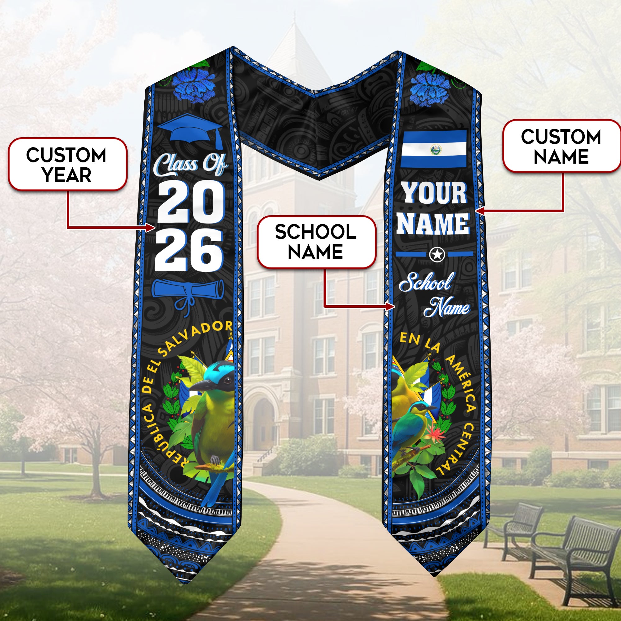El Salvador Graduation Stole 2026, El Salvador Flag Sash, Personal Detail Option for Grads