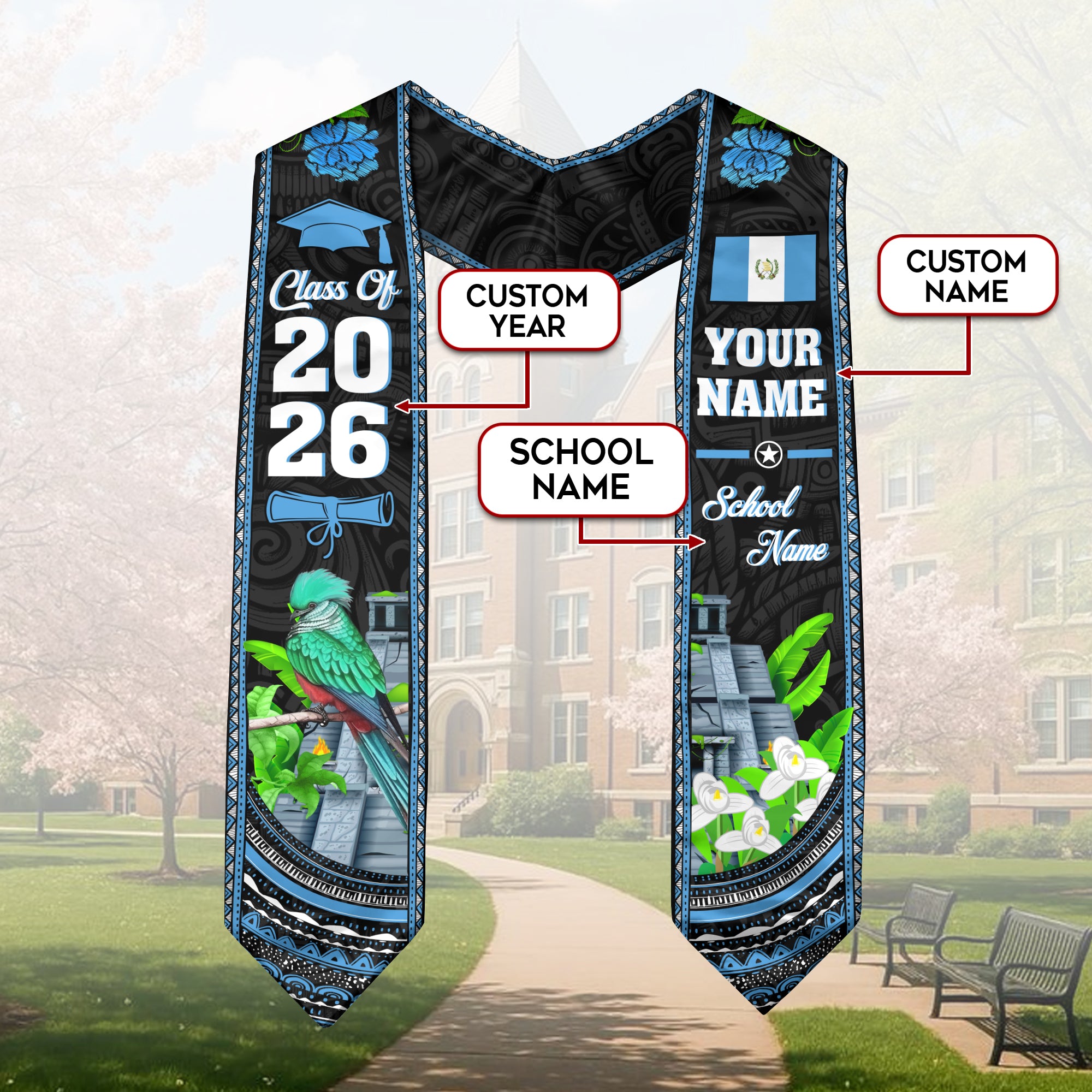 Guatemala Graduation Stole 2026, Guatemala Flag Sash, Personal Detail Option for Graduates