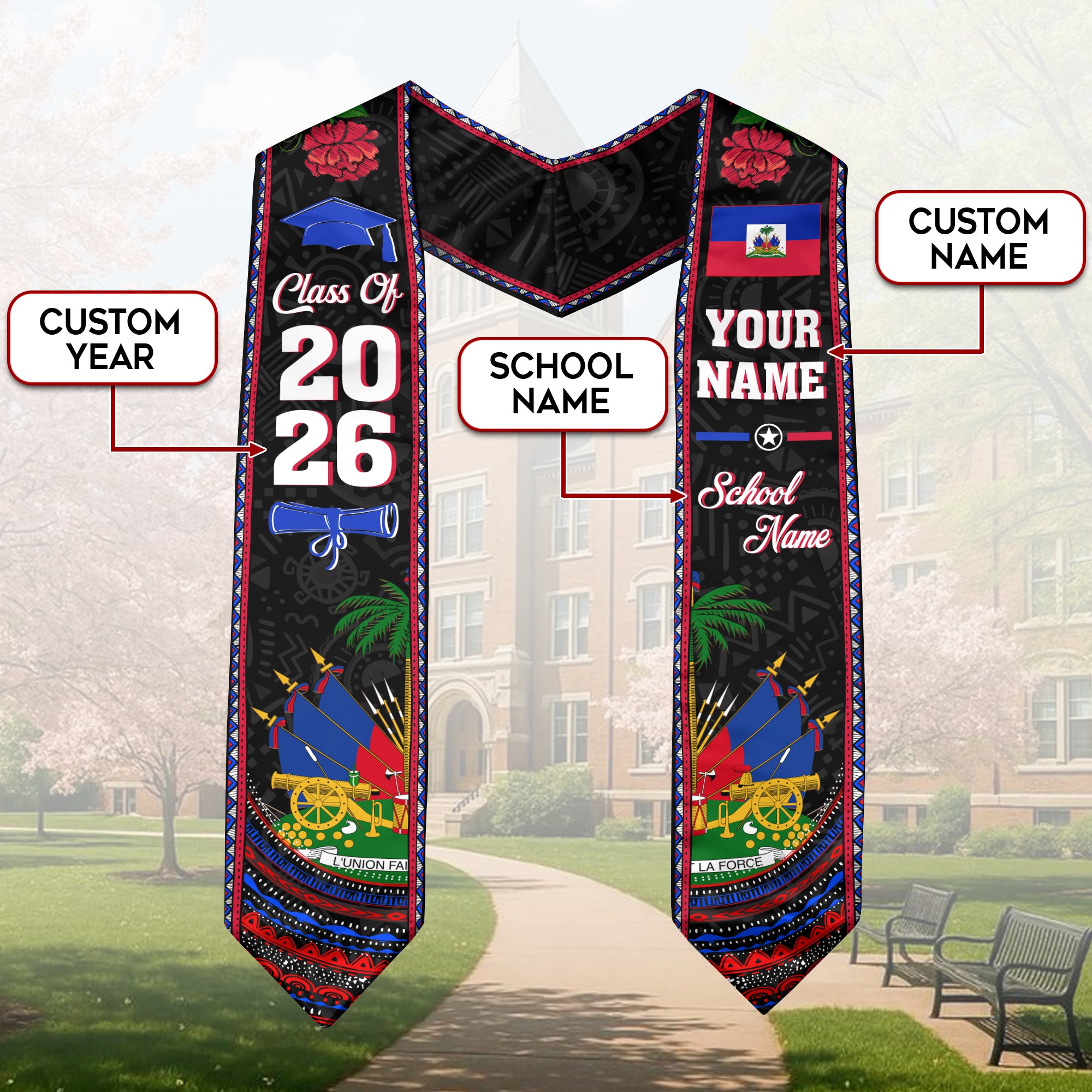 Haiti Graduation Stole 2026, Haitian Flag Sash, Personalized Detail for Graduates