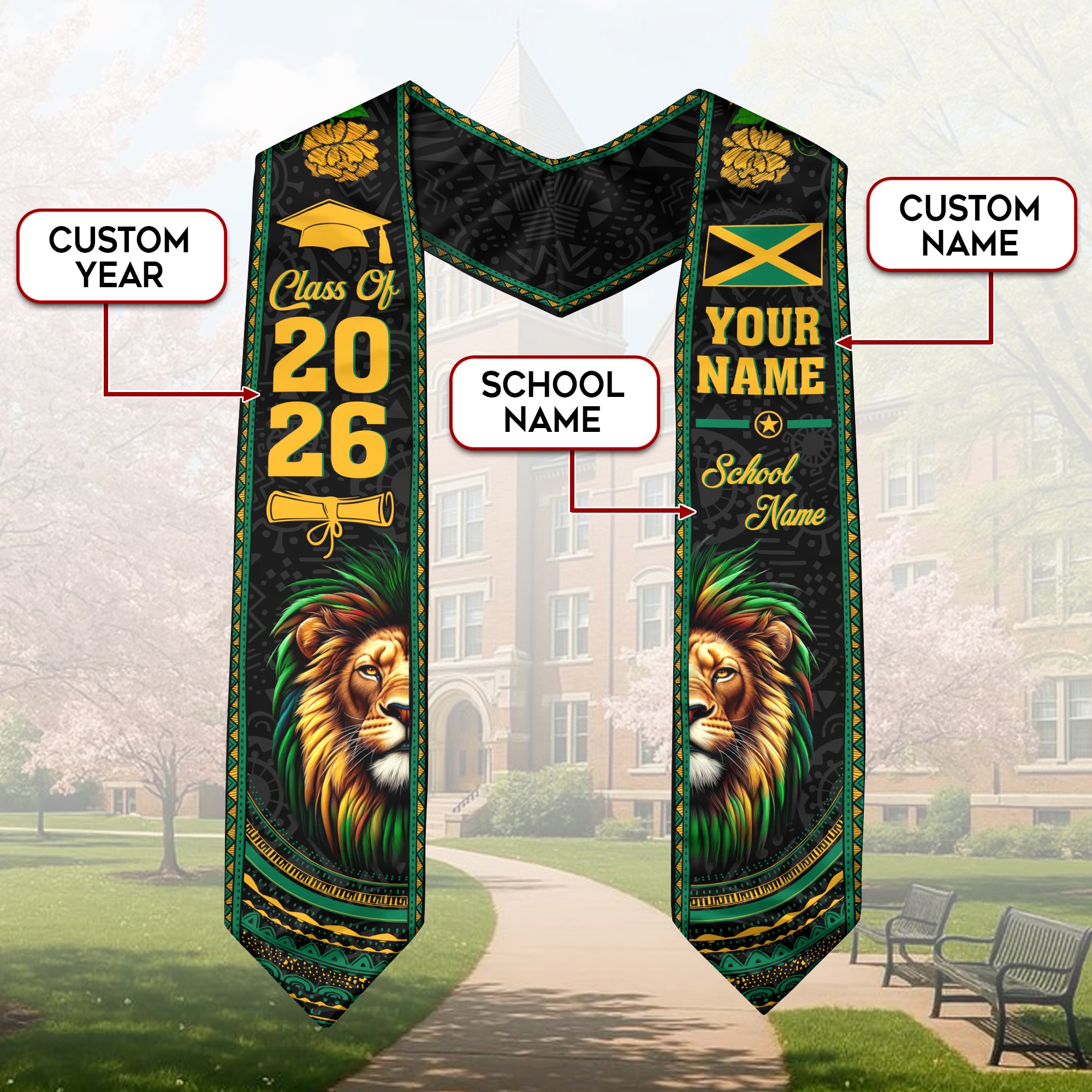 Jamaica Graduation Stole 2026, Jamaican Flag Graduation Sash, Personal Detail Option for Grads