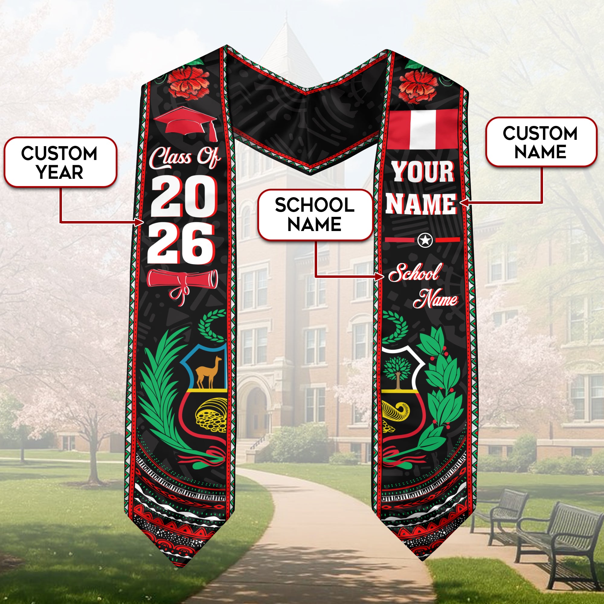 Peru Graduation Sash 2026, Peru Flag Stole, Custom Peru Graduation Stole