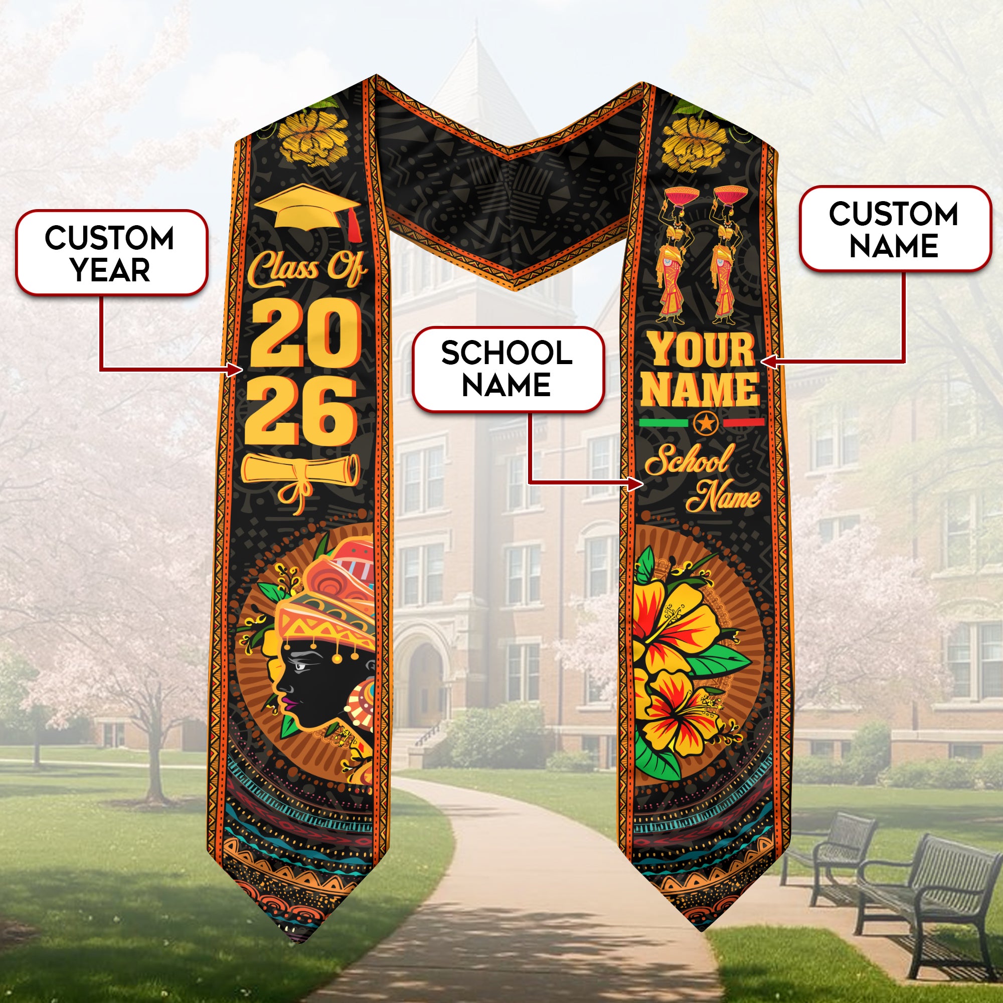 Customized African Heritage Graduation Stole, Pan African Color Graduation Sash 2026