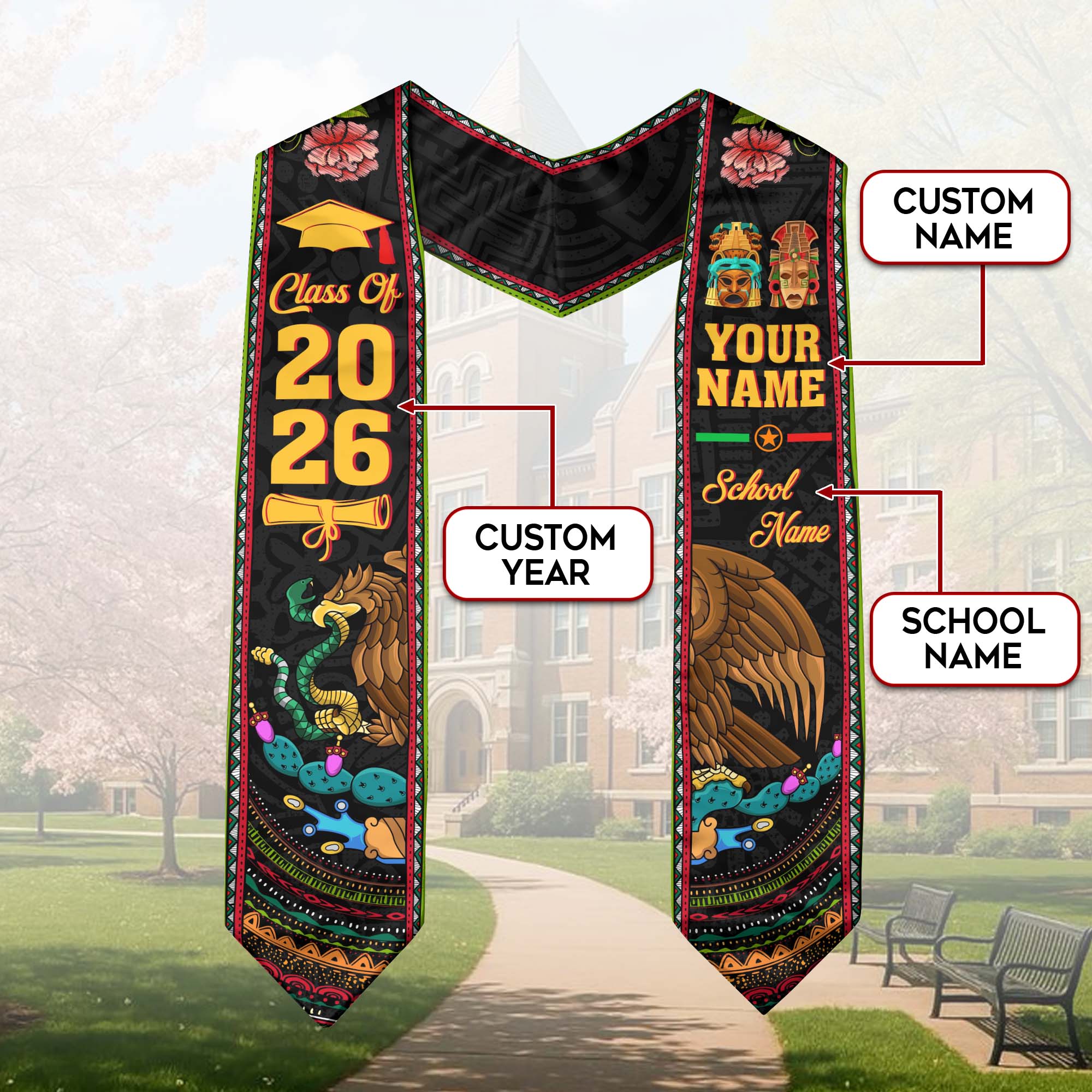Mexico Graduation Sash 2026, Mexican Flag Stole, Add Your Details Option for Graduates