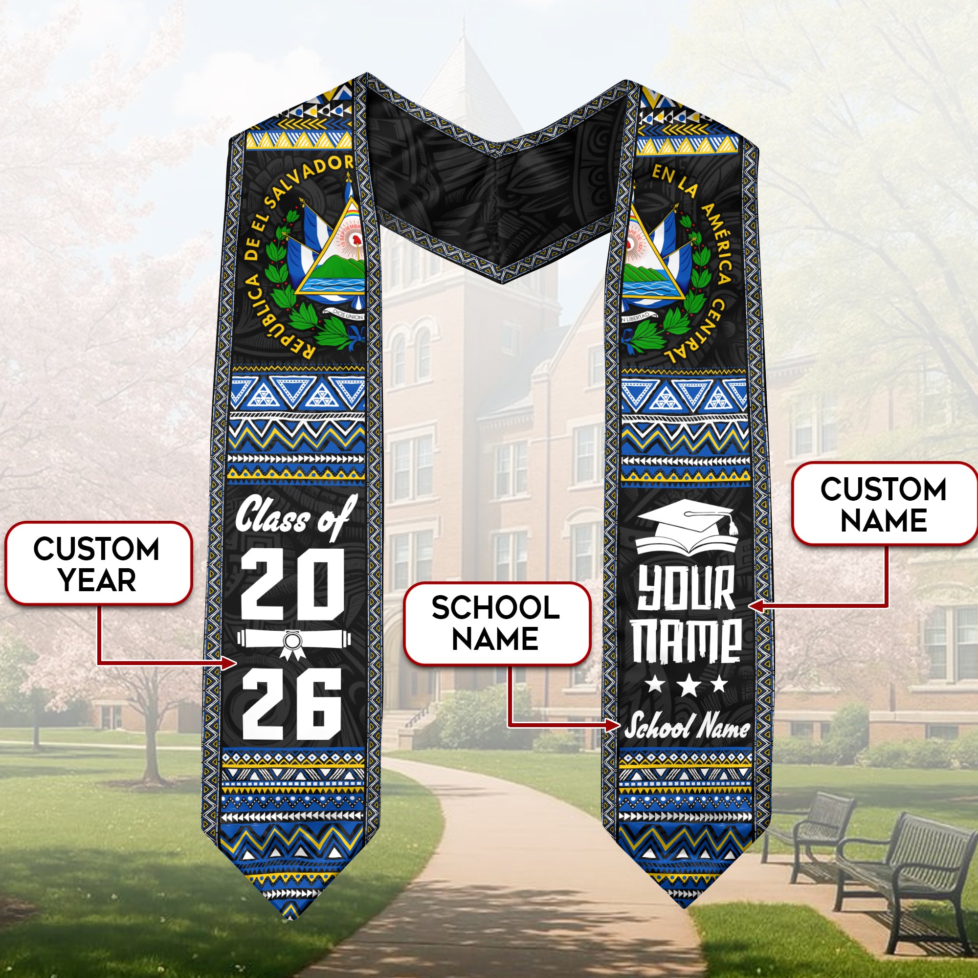 2026 El Salvador Flag Graduation Sash, El Salvador Stole for Graduates, Detail Option