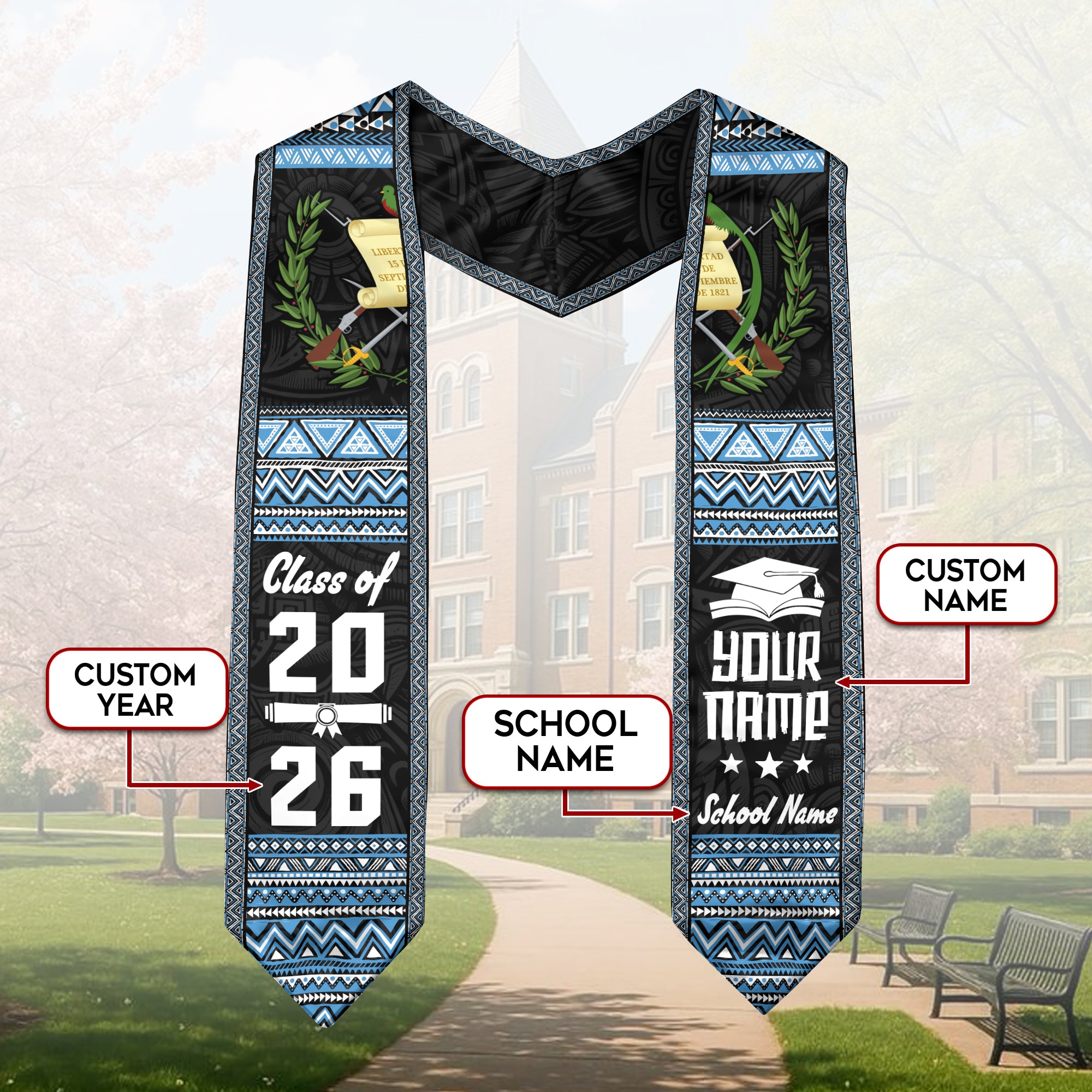 2026 Guatemala Flag Graduation Sash, Guatemala Stole for Graduation, Detail Option Available