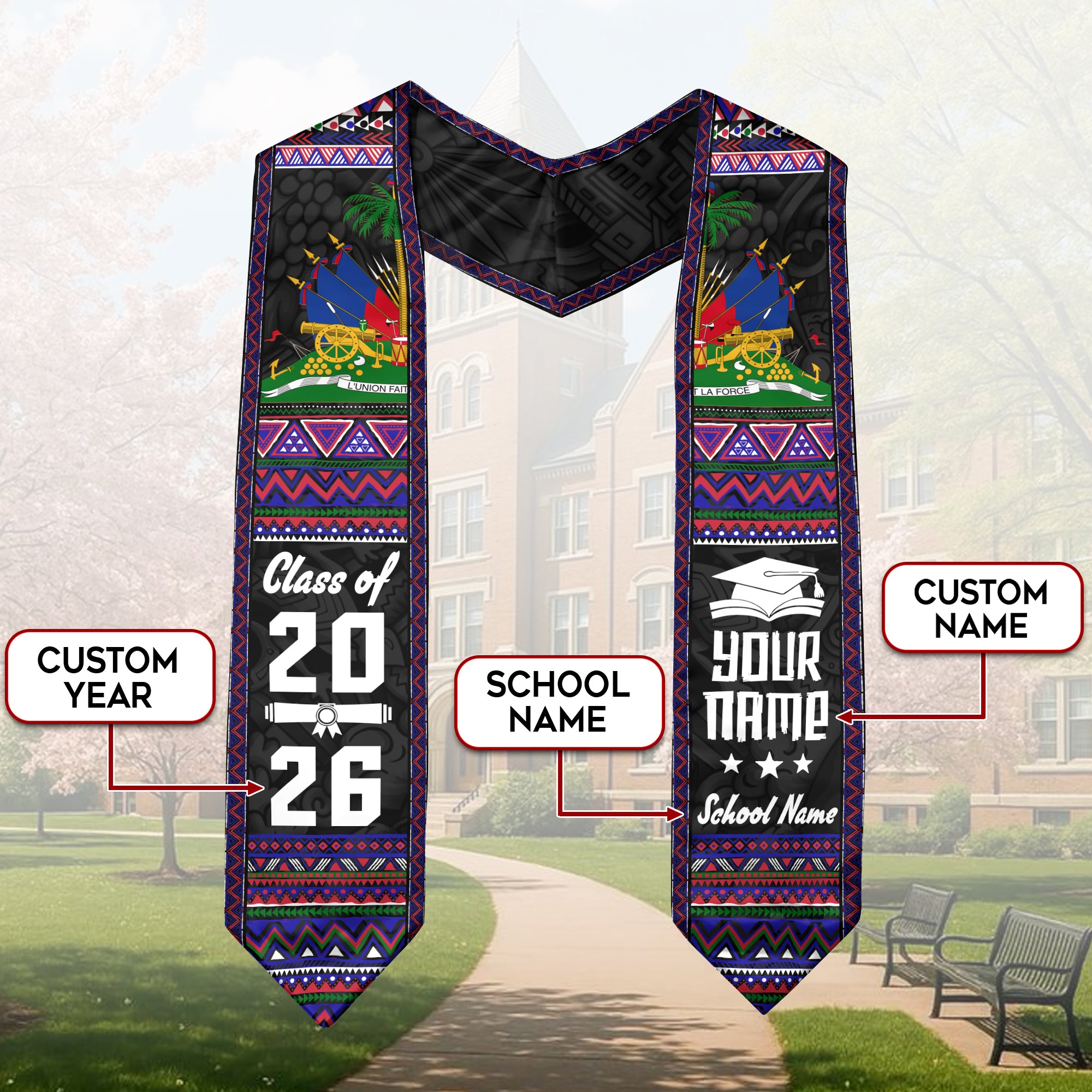 Haitian Flag Graduation Sash 2026, Haiti Stole for Grads, Signature Tailored Finish
