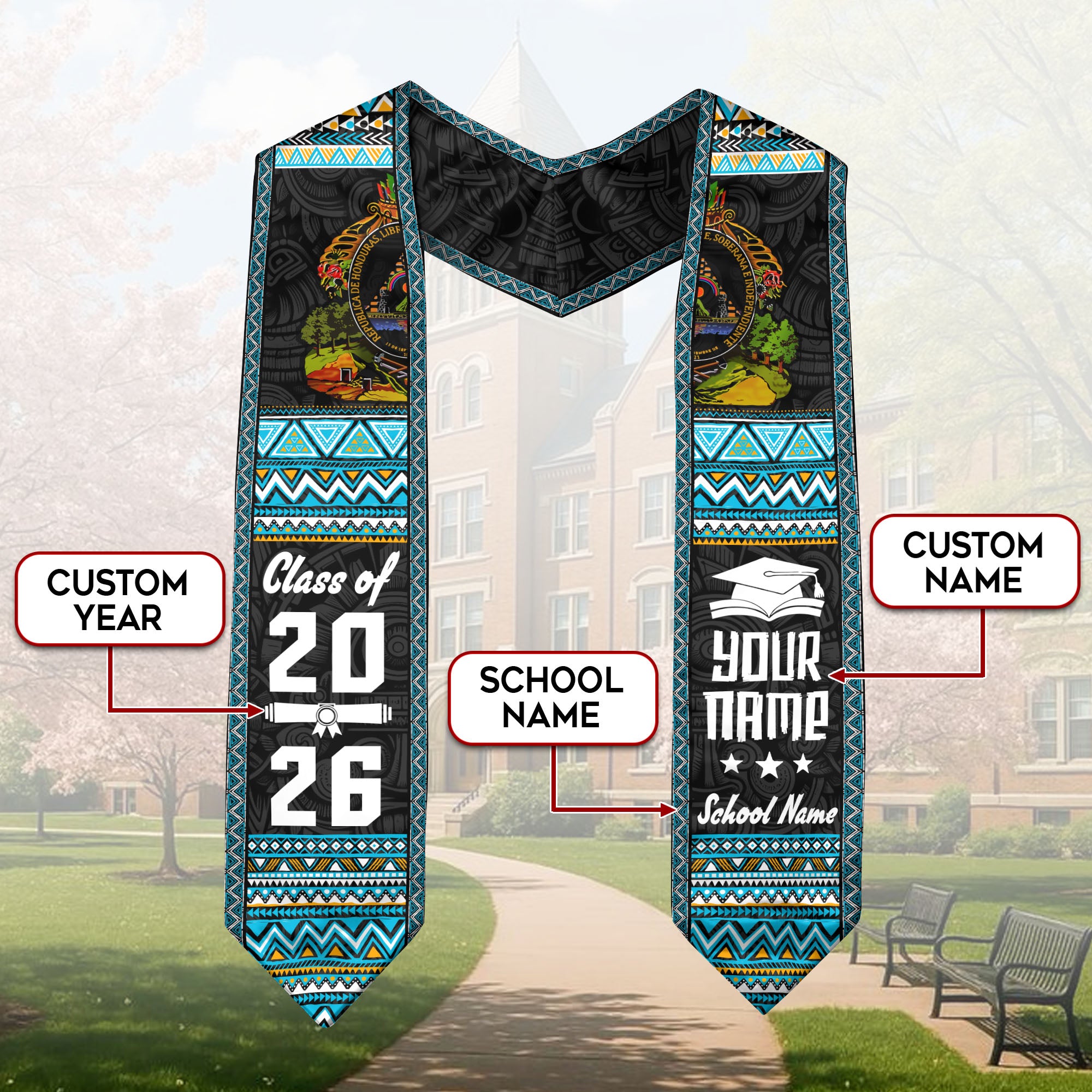 2026 Honduras Flag Graduation Sash, Honduras Graduation Stole, Custom Honduras Stole