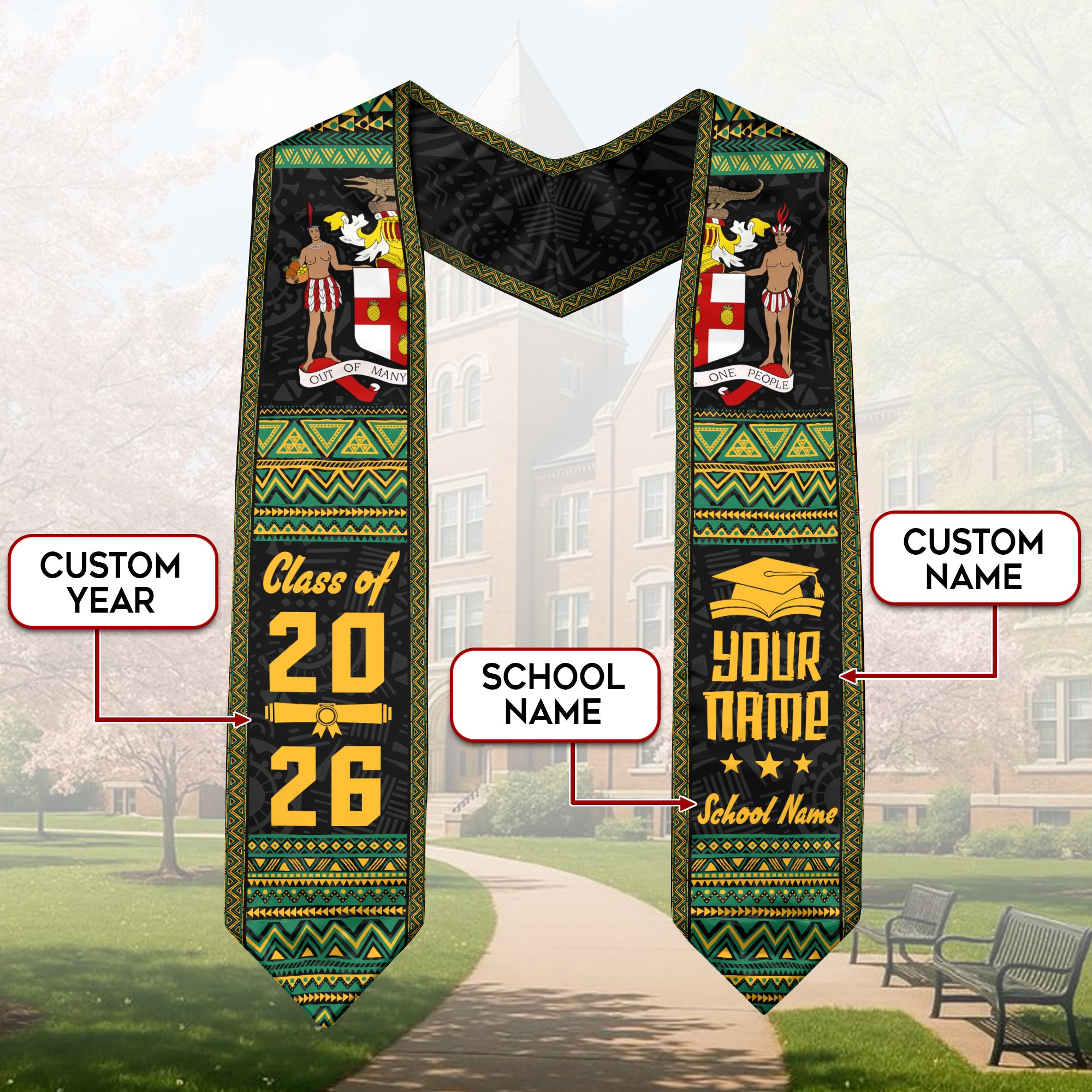 2026 Jamaican Flag Graduation Sash, Jamaica Stole for Graduation, Personalized Finish Detail