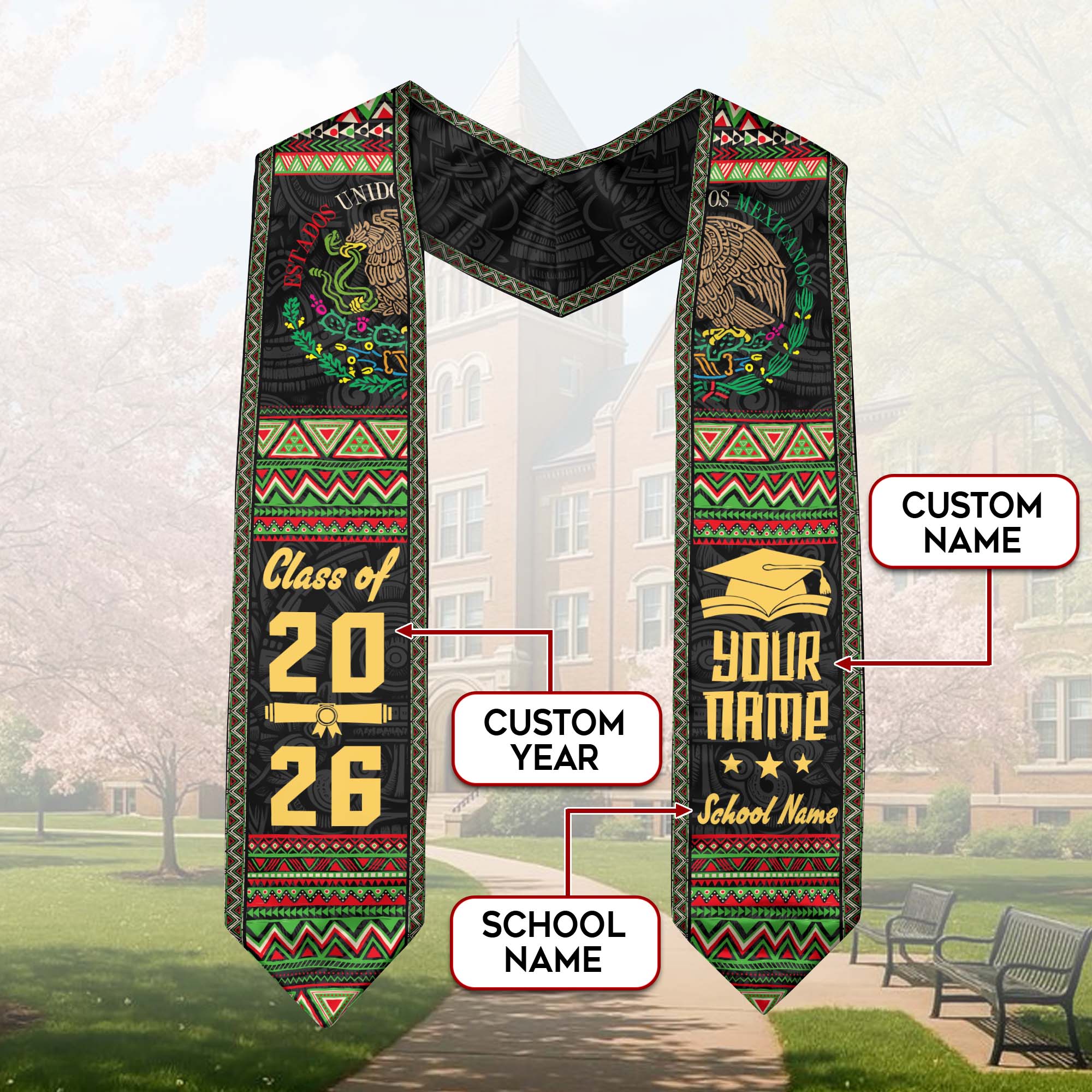 2026 Mexican Graduation Stole, Mexico Flag Sash, Personalized Finish Option for Proud Grads