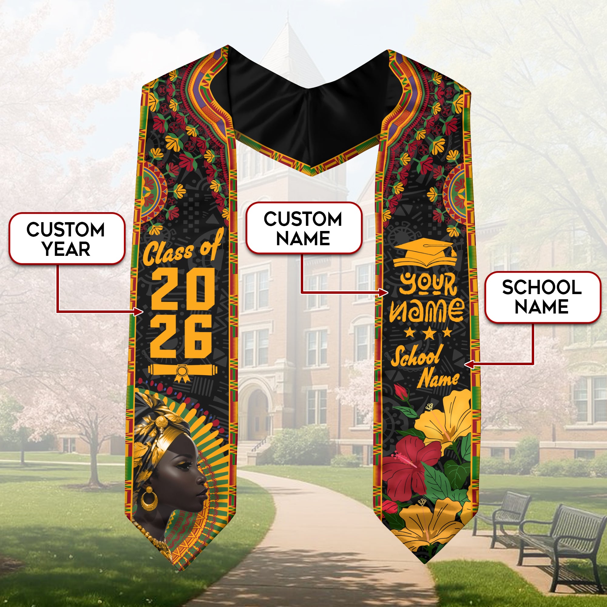 Customized Pan African Flag Graduation Stole, Cultural Graduation Sash for 2026 Graduates