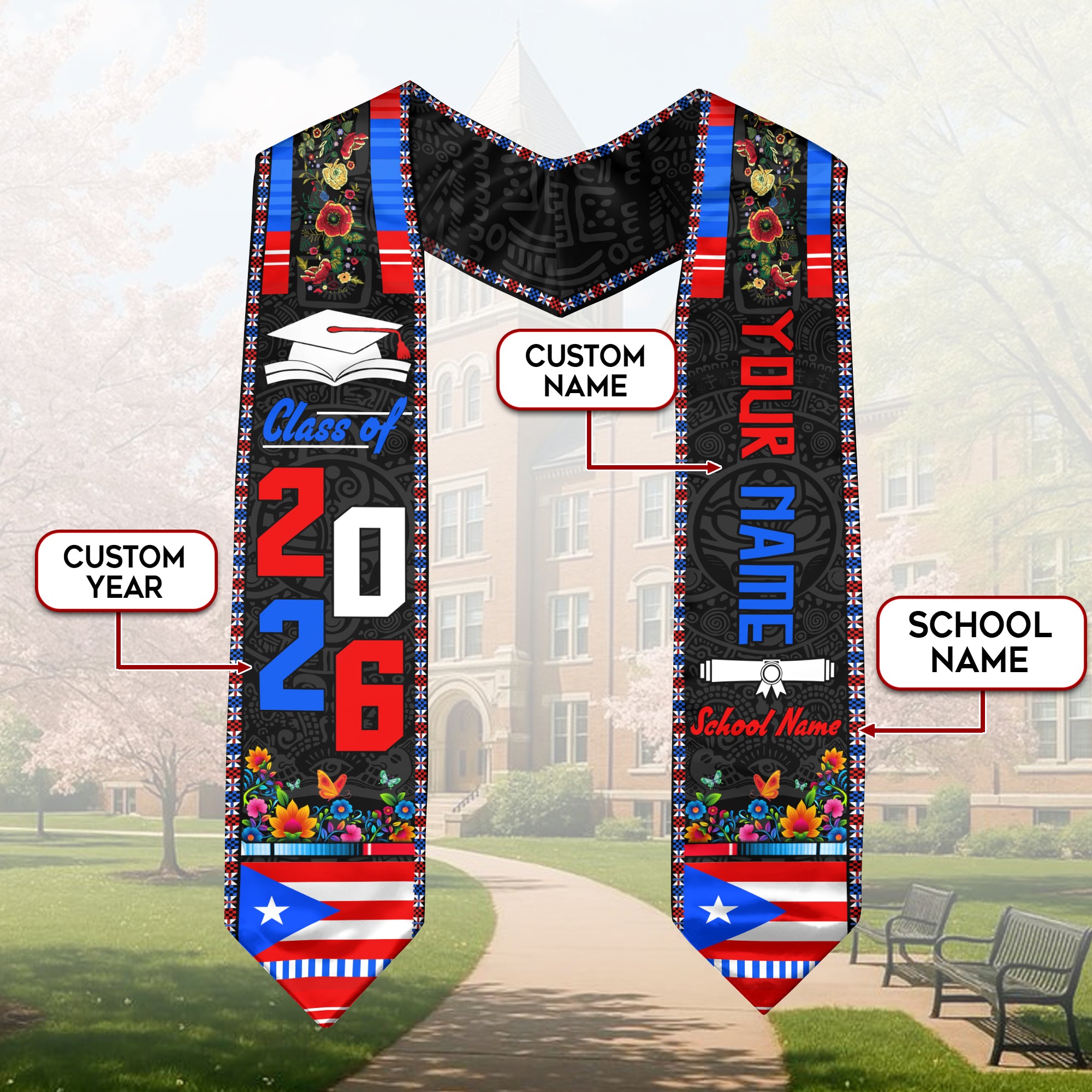 2026 Puerto Rico Stole, Puerto Rican Flag Graduation Sash, Made Just for You Style