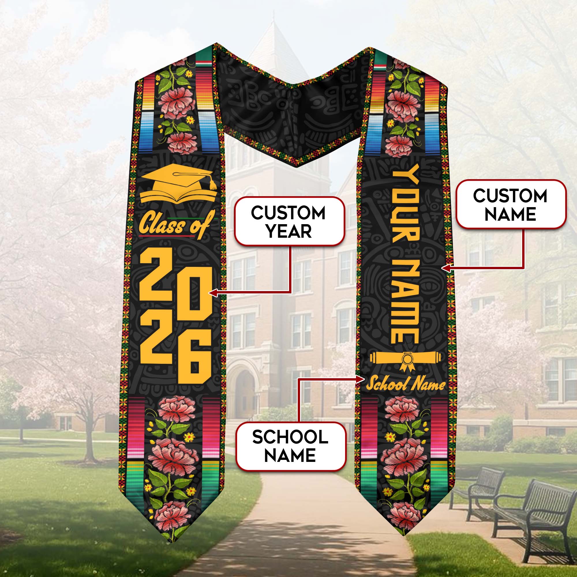 2026 Mexico Flag Graduation Stole, Mexican Sash for Graduation, Detail Option Available
